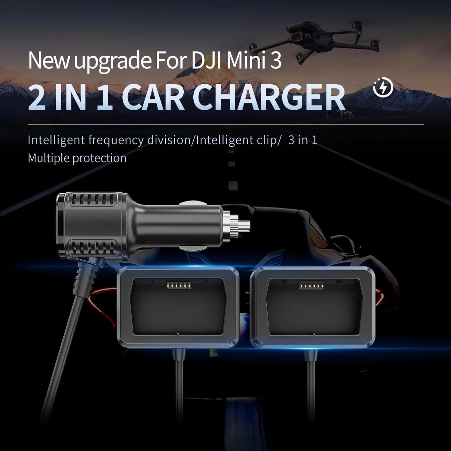 شارژر فندکی باتری 2 در 1 TERRIFI برای پهپاد DJI Mini 3 Pro - آداپتور شارژ سریع برای باتری ها و ریموت کنترل، پشتیبانی از شارژ همزمان باتری ها و ریموت کنترل، برای پهپاد DJI Mini 3 Pro