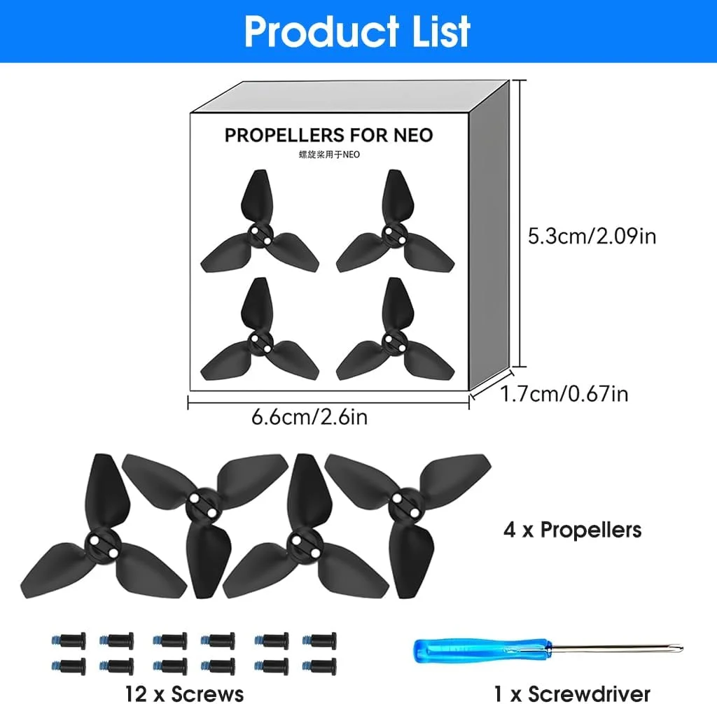 پروانه های پهپاد DJI Neo مدل HASTHIP® (چهار عدد)، ملخ های رهاسازی سریع کم صدا، پره های جایگزین با مقاومت بالا به همراه پیچ و گوشتی برای لوازم جانبی پهپاد Neo