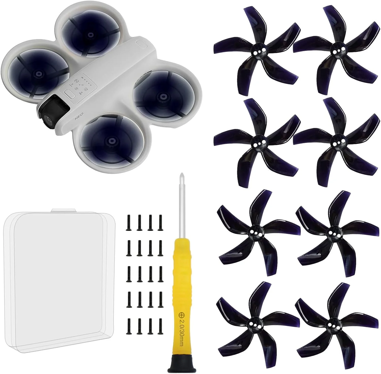 (نسخه بهبود یافته، شامل پیچ‌ها)- پروانه ملخی رنگارنگ پهپاد برای DJI NEO، قدرت بی‌صدا، کاهش نویز، جایگزینی بال‌های تراورس پهپاد - مشکی شب درخشان