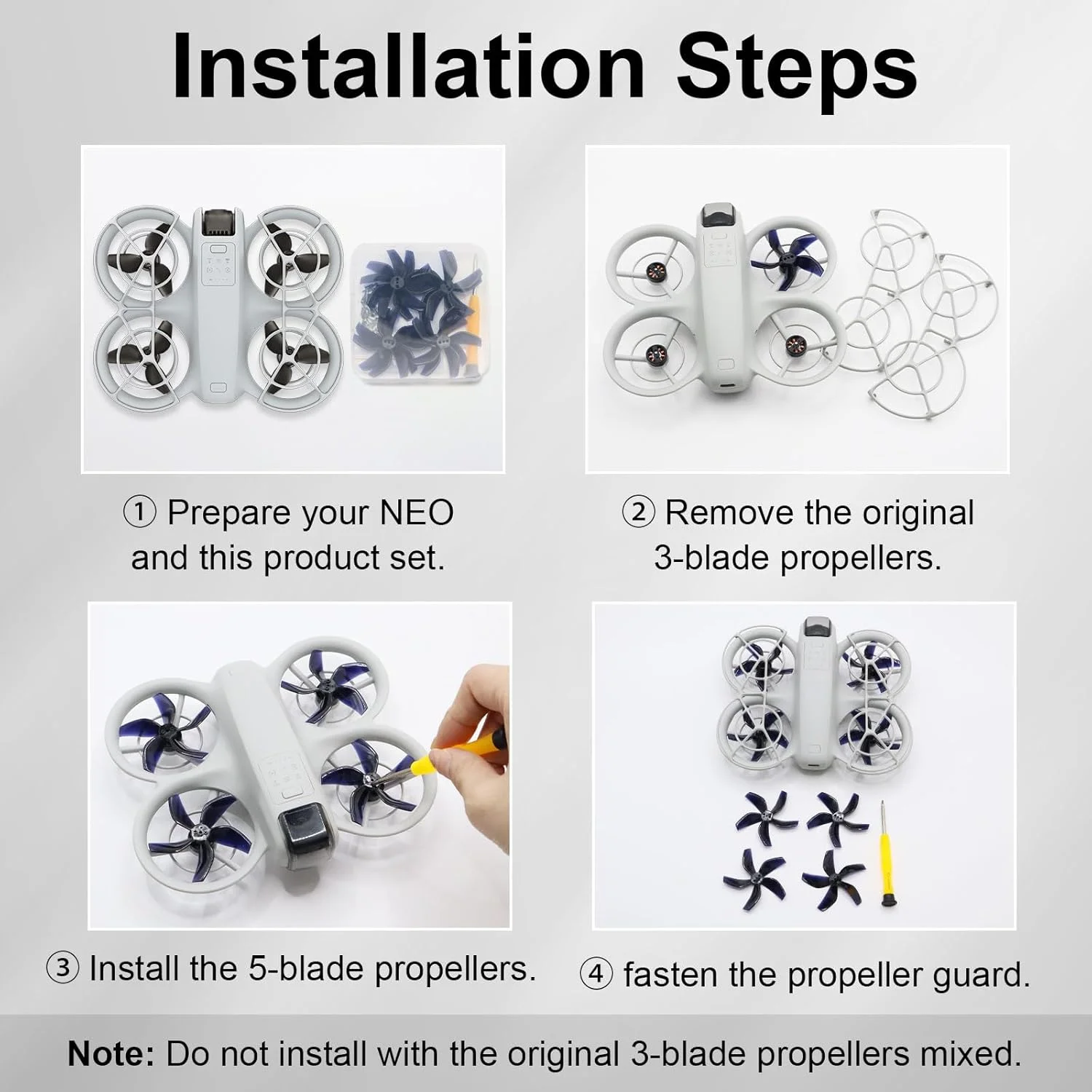 (نسخه بهبود یافته، شامل پیچ‌ها)- پروانه ملخی رنگارنگ پهپاد برای DJI NEO، قدرت بی‌صدا، کاهش نویز، جایگزینی بال‌های تراورس پهپاد - مشکی شب درخشان