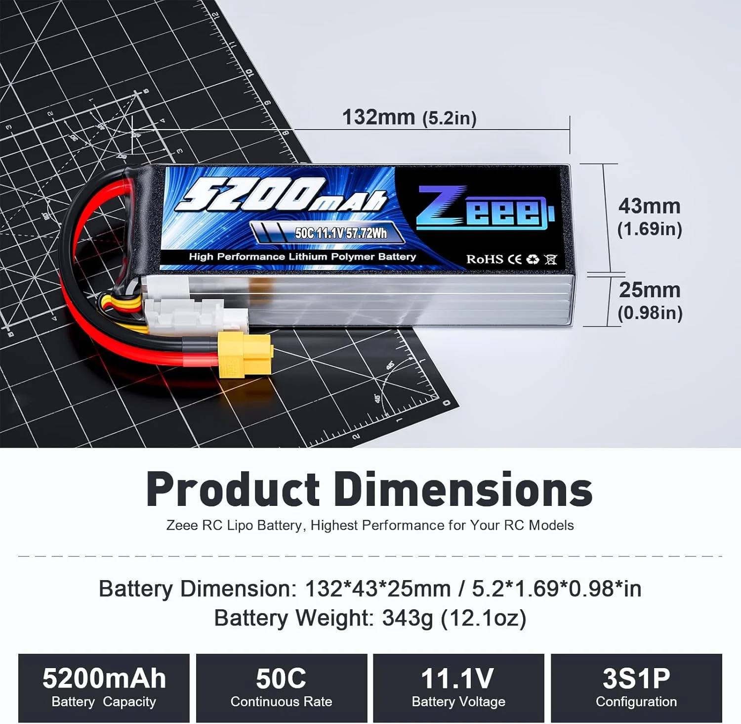 باتری لیتیوم پلیمر 3 سل Zeee با ظرفیت 5200 میلی آمپر ساعت و نرخ تخلیه 50C و ولتاژ 11.1 ولت به همراه کانکتور XT60 و بدنه نرم مناسب برای هواپیماهای کنترلی، هلیکوپتر، کوادکوپتر، ماشین کنترلی، کامیون و قایق باتری لیتیوم پلیمر 3 سل Zeee با ظرفیت 5200 میلی آمپر ساعت و نرخ تخلیه 50C و ولتاژ 11.1 ولت به همراه کانکتور XT60 و بدنه نرم مناسب برای هواپیماهای کنترلی، هلیکوپتر، کوادکوپتر، ماشین کنترلی، کامیون و قایق