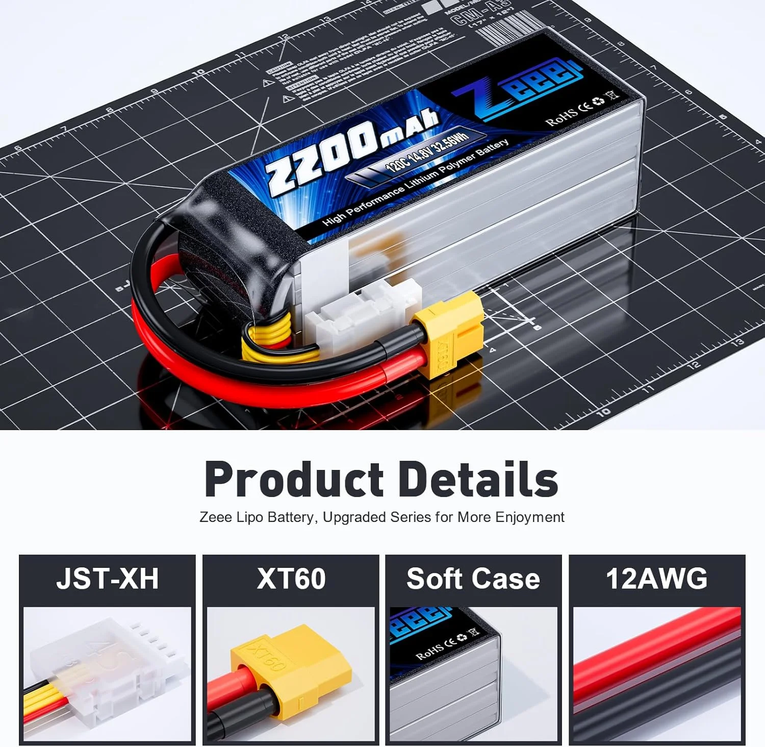 باتری لیتیوم پلیمری 4 سل Zeee با ظرفیت 2200 میلی آمپر ساعت، 14.8 ولت و نرخ تخلیه 120C به همراه کانکتور XT60، باتری گرافن آرسی برای مدل های آرسی، قایق آرسی، پهپاد FPV، کوادکوپتر، هلیکوپتر، هواپیما و ماشین آرسی (بسته 2 عددی) باتری لیتیوم پلیمری 4 سل Zeee با ظرفیت 2200 میلی آمپر ساعت، 14.8 ولت و نرخ تخلیه 120C به همراه کانکتور XT60، باتری گرافن آرسی برای مدل های آرسی، قایق آرسی، پهپاد FPV، کوادکوپتر، هلیکوپتر، هواپیما و ماشین آرسی (بسته 2 عددی)