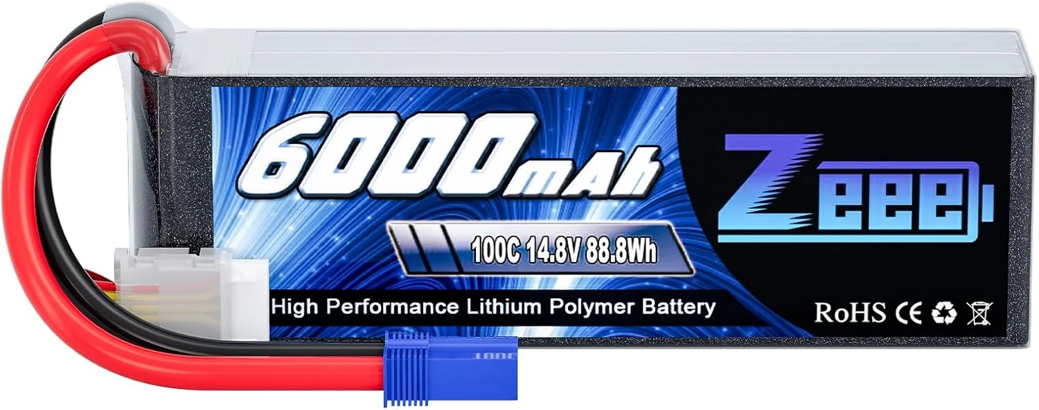 باتری لیپو 4S زییی 6000mAh 14.8V 100C با کانکتور EC5 و بدنه نرم برای هواپیمای RC، کوادکوپتر، هلیکوپتر، ماشین RC، کامیون RC و قایق RC