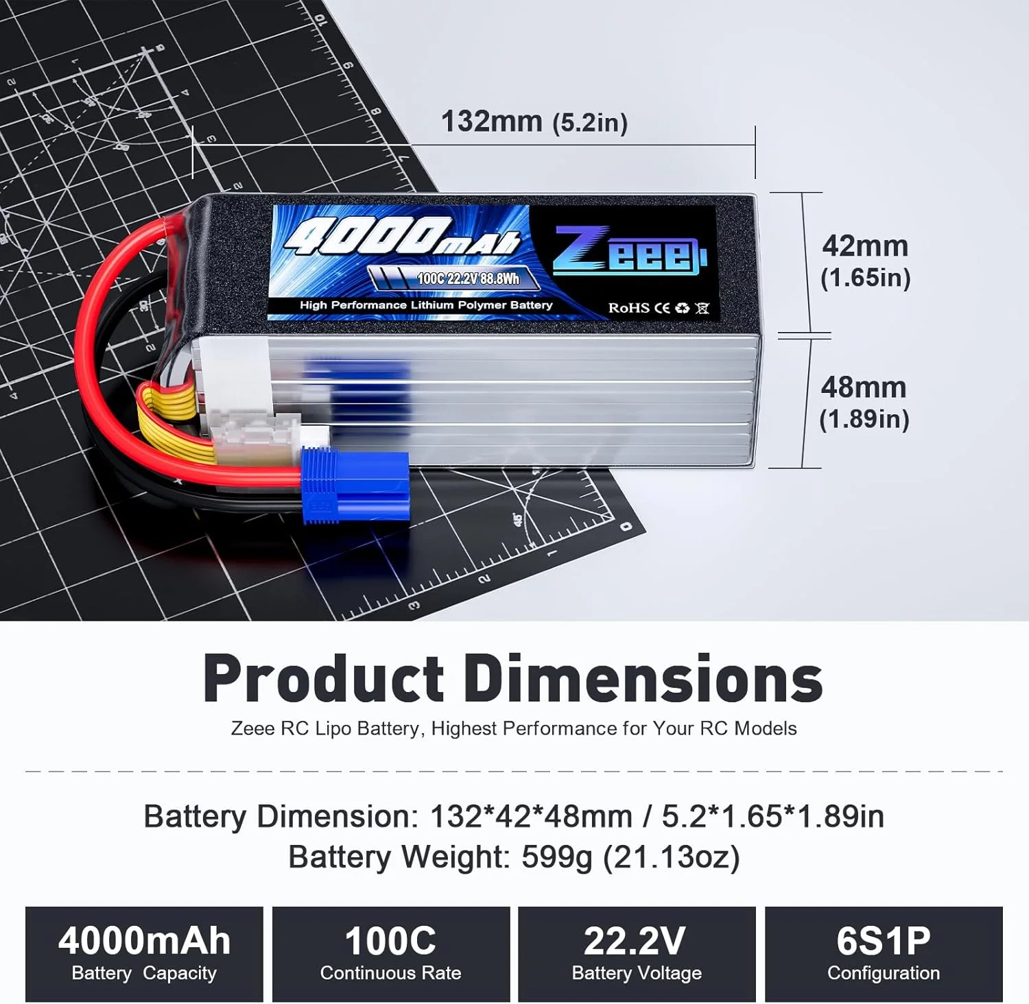 باتری لیپو 6S زی 4000mAh 22.2V 100C با کانکتور EC5 بسته نرم افزاری برای هواپیما RC، هلیکوپتر، ماشین RC، کامیون، تانک، پهپاد، مسابقات سرگرمی