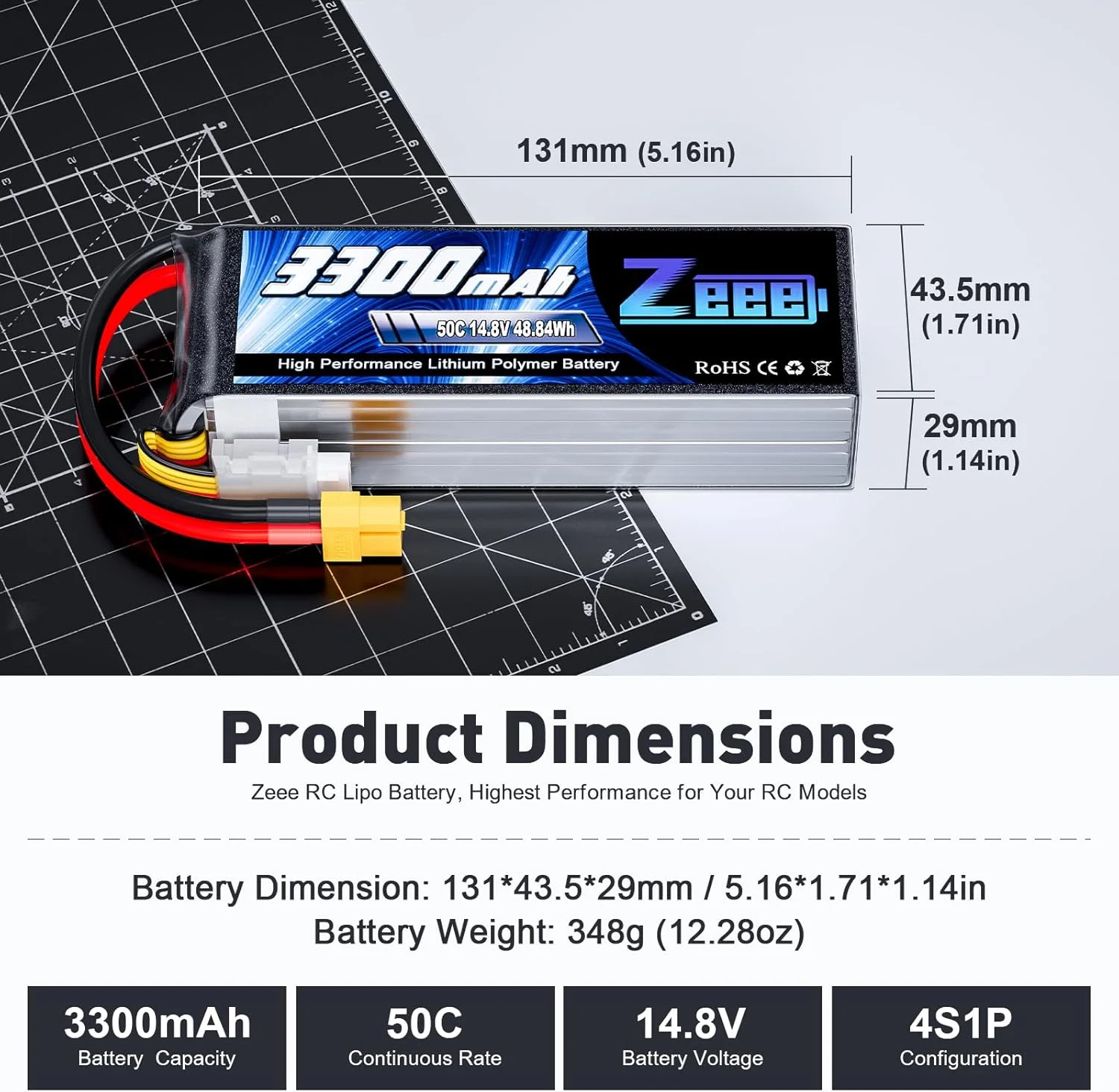 بسته دو عددی باتری لیتیوم پلیمری 4 سل Zeee با ظرفیت 3300 میلی آمپر ساعت، 14.8 ولت و نرخ تخلیه 50C، بدنه نرم و کانکتور XT60 مناسب برای هواپیماهای کنترلی، هلیکوپتر، قایق کنترلی، پهپاد، FPV، ماشین کنترلی، کامیون و قایق