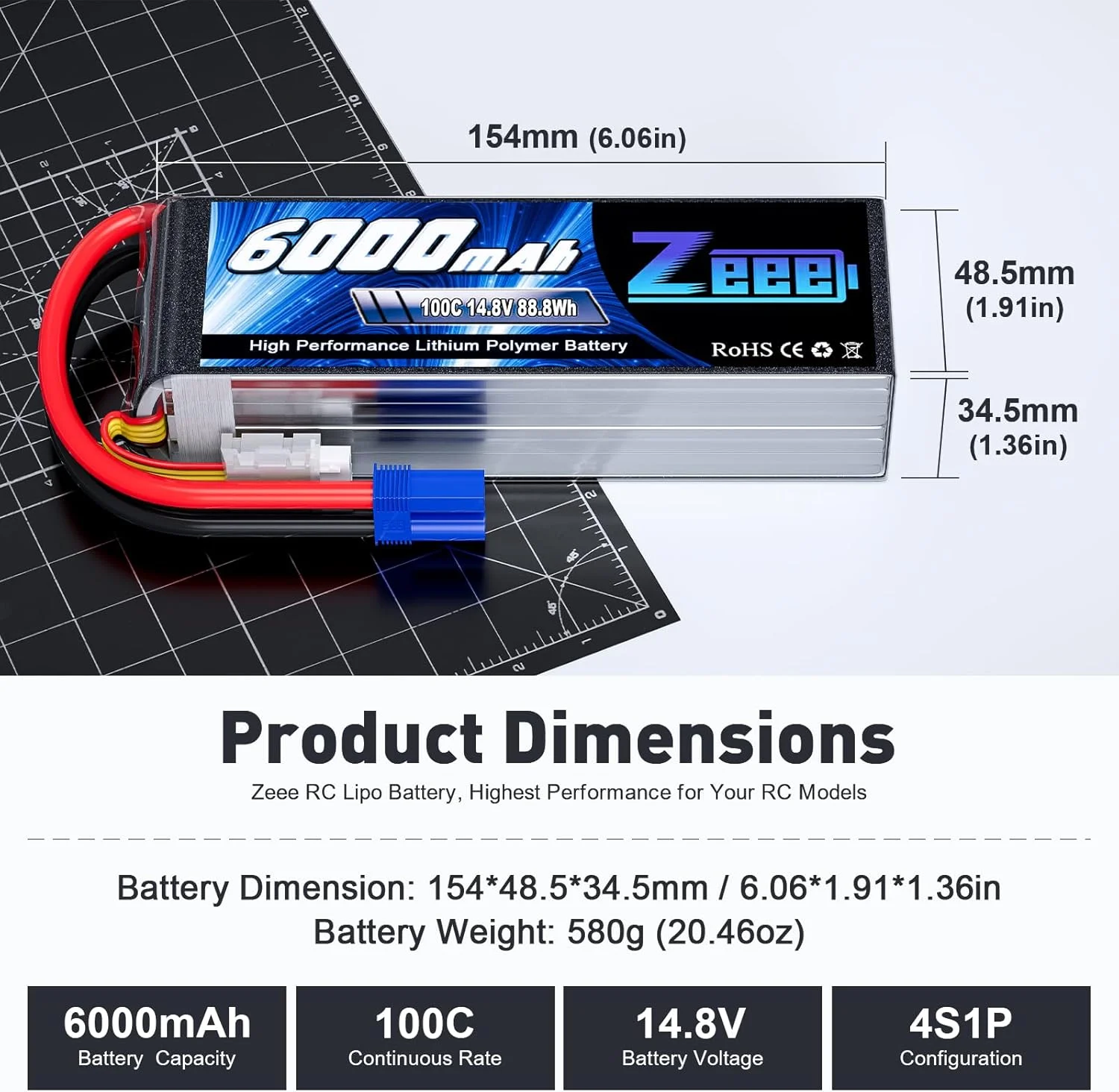 باتری لیپو 4S زییی 6000mAh 14.8V 100C با کانکتور EC5 و بدنه نرم برای هواپیمای RC، کوادکوپتر، هلیکوپتر، ماشین RC، کامیون RC و قایق RC