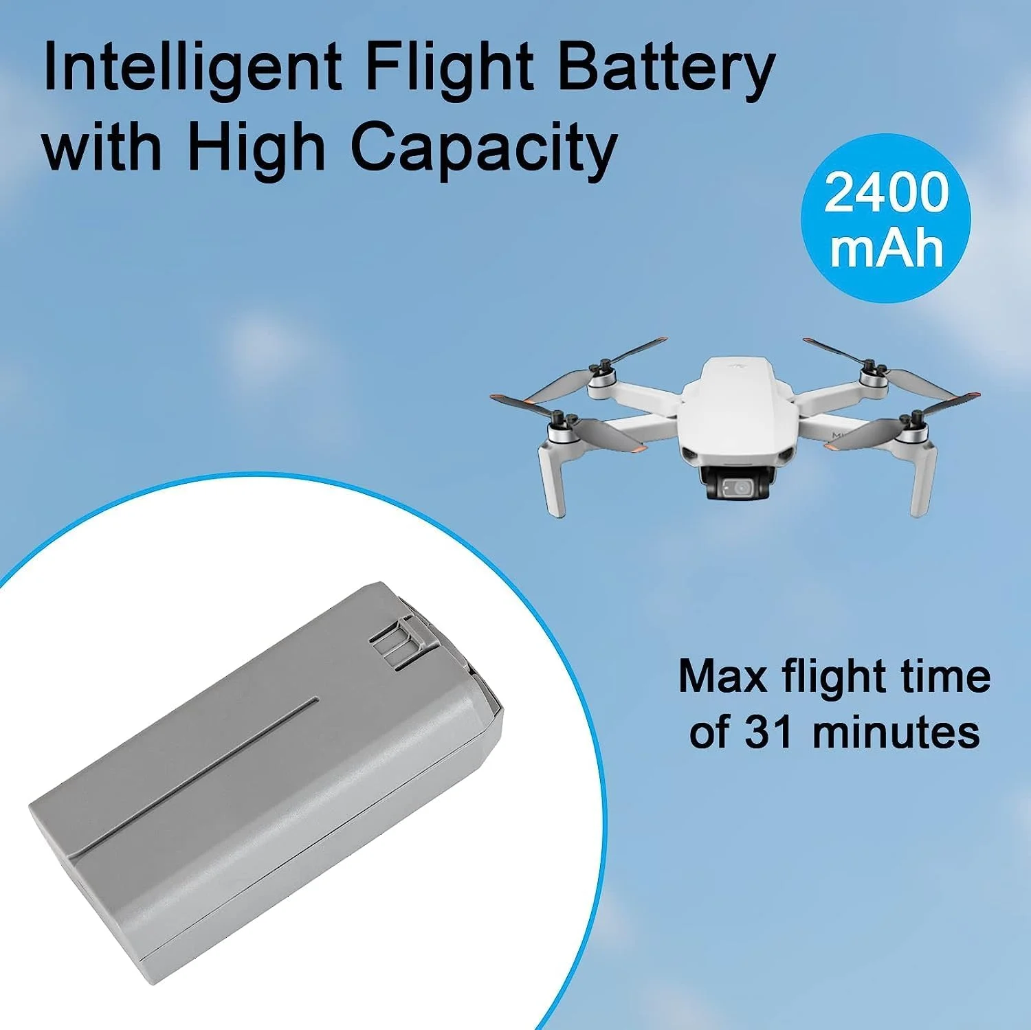 باتری هوشمند جایگزین برای DJI Mini 4K، ظرفیت 2400 میلی آمپر ساعت، 7.7 ولت، زمان پرواز 21 دقیقه، ظرفیت بالا، برای پهپاد Mini 4K (تعداد 1)