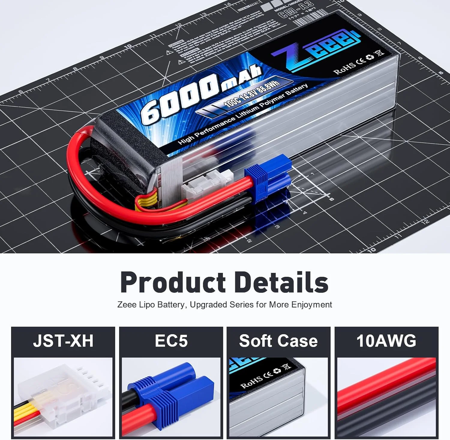 باتری لیپو 4S زییی 6000mAh 14.8V 100C با کانکتور EC5 و بدنه نرم برای هواپیمای RC، کوادکوپتر، هلیکوپتر، ماشین RC، کامیون RC و قایق RC