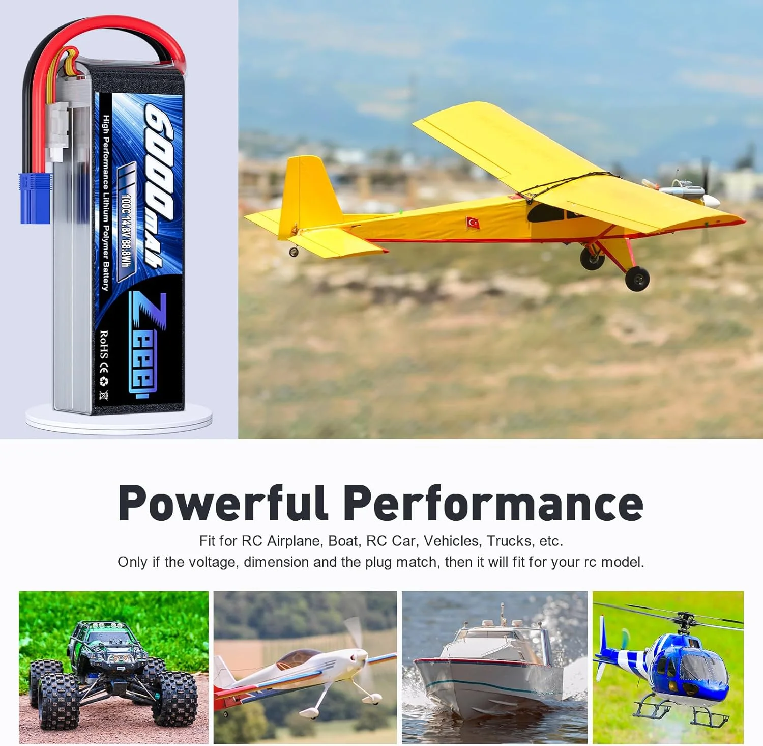 باتری لیپو 4S زییی 6000mAh 14.8V 100C با کانکتور EC5 و بدنه نرم برای هواپیمای RC، کوادکوپتر، هلیکوپتر، ماشین RC، کامیون RC و قایق RC