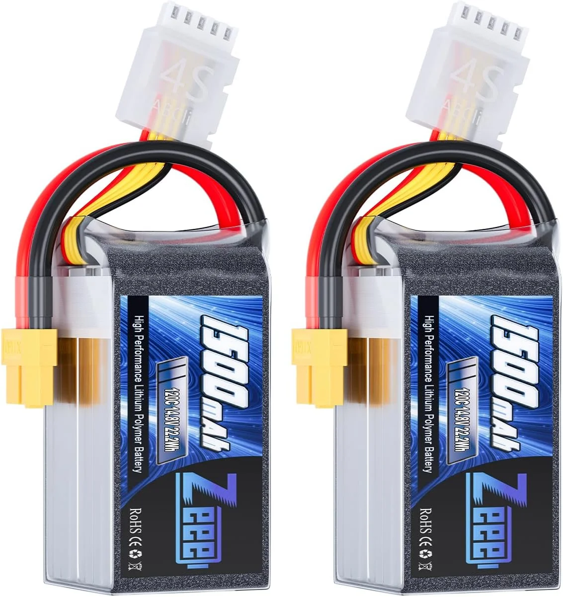 باتری لیتیوم پلیمری 4 سلولی Zeee با ظرفیت 1500 میلی آمپر ساعت، 14.8 ولت و نرخ تخلیه 120C به همراه کانکتور XT60 مناسب برای کوادکوپتر، هلیکوپتر، هواپیما، قایق کنترلی، ماشین کنترلی و مدل های آرسی (2 عدد)