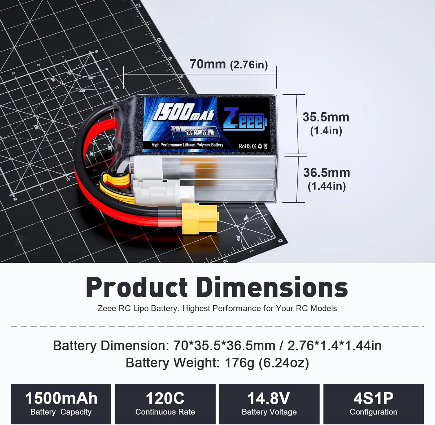 باتری لیتیوم پلیمری 4 سلولی Zeee با ظرفیت 1500 میلی آمپر ساعت، 14.8 ولت و نرخ تخلیه 120C به همراه کانکتور XT60 مناسب برای کوادکوپتر، هلیکوپتر، هواپیما، قایق کنترلی، ماشین کنترلی و مدل های آرسی (2 عدد)