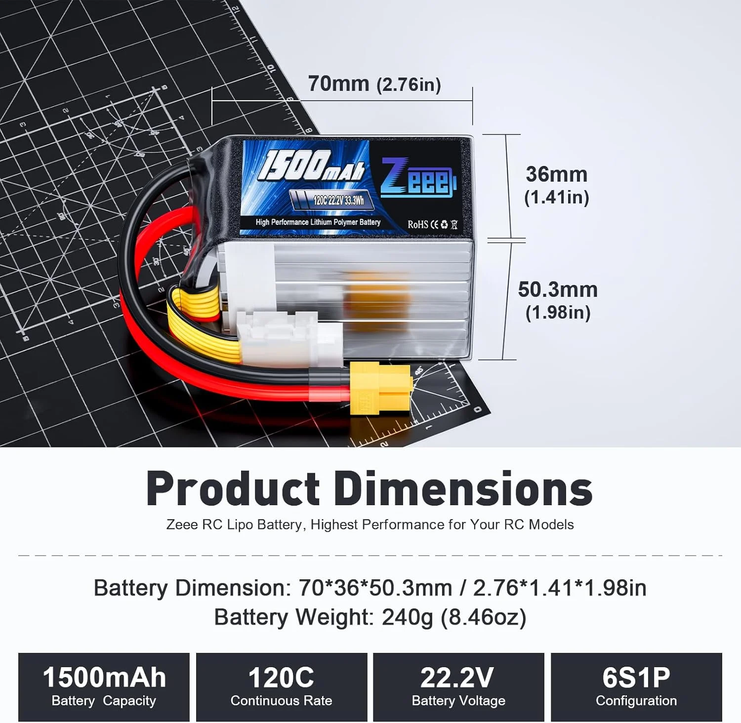 باطری لیپو 6S زی 1500mAh 22.2V 120C با کانکتور XT60 باطری گرافن RC برای FPV پهپاد کوادکوپتر هلیکوپتر هواپیما قایق RC مدل های مسابقه ای (2 عدد)