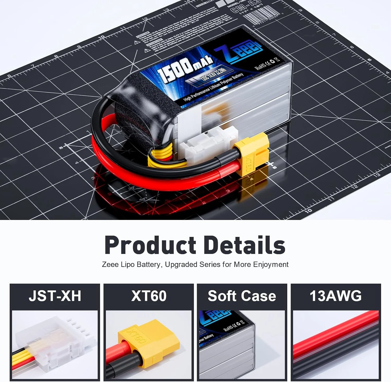 باتری لیتیوم پلیمری 4 سلولی Zeee با ظرفیت 1500 میلی آمپر ساعت، 14.8 ولت و نرخ تخلیه 120C به همراه کانکتور XT60 مناسب برای کوادکوپتر، هلیکوپتر، هواپیما، قایق کنترلی، ماشین کنترلی و مدل های آرسی (2 عدد)