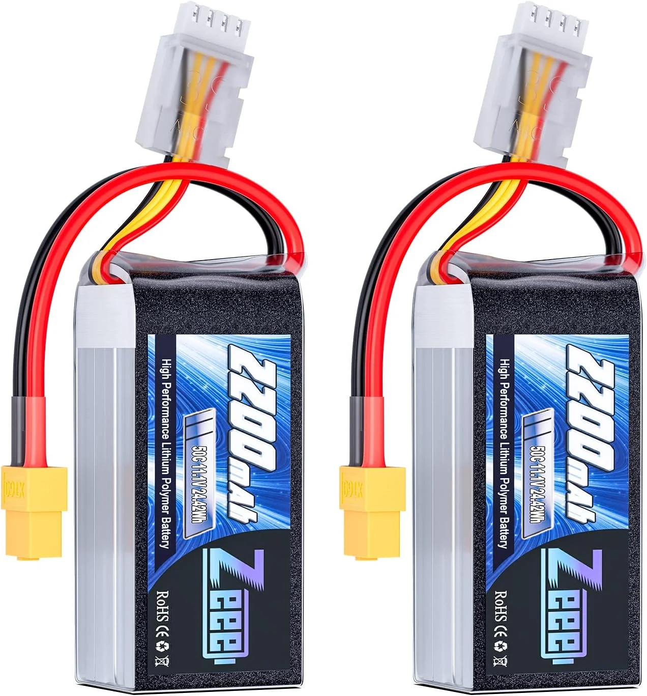 بسته باتری کوتاه 3S لیپو 2200mAh 11.1V 50C با پلاگ XT60 برای ماشین کنترلی، کامیون کنترلی، وسایل نقلیه کنترلی، قایق، پهپاد، هواپیمای کنترلی، کوادکوپتر، هلیکوپتر، مدل های مسابقه ای FPV (بسته 2 عددی)