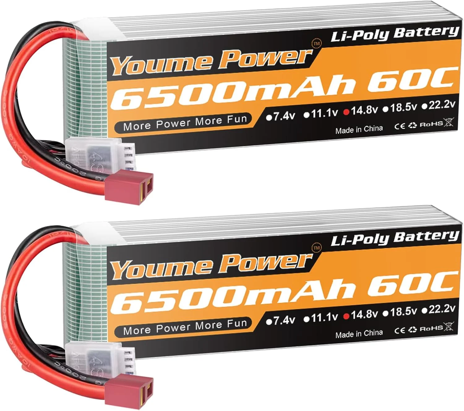باطری لیپو 4S، 14.8V لیپو 4S 6500mAh 60C با کانکتور Deans T برای Traxxas Slash X-Maxx RC Buggy Truggy Crawler Monster Car، هلیکوپتر، هواپیما (2 عدد)