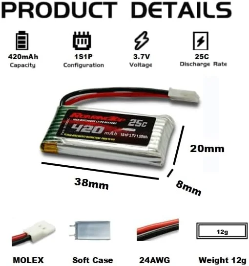 باتری لیتیوم پلیمری RoaringTop 1S 420mah 3.7V 25C با MOLEX به همراه شارژر 5 در 1 برای کوادکوپتر، هلیکوپتر، پهپاد، کوادکوپتر FPV، قایق های کوسه RC و دایناسور کوسه برقی RC