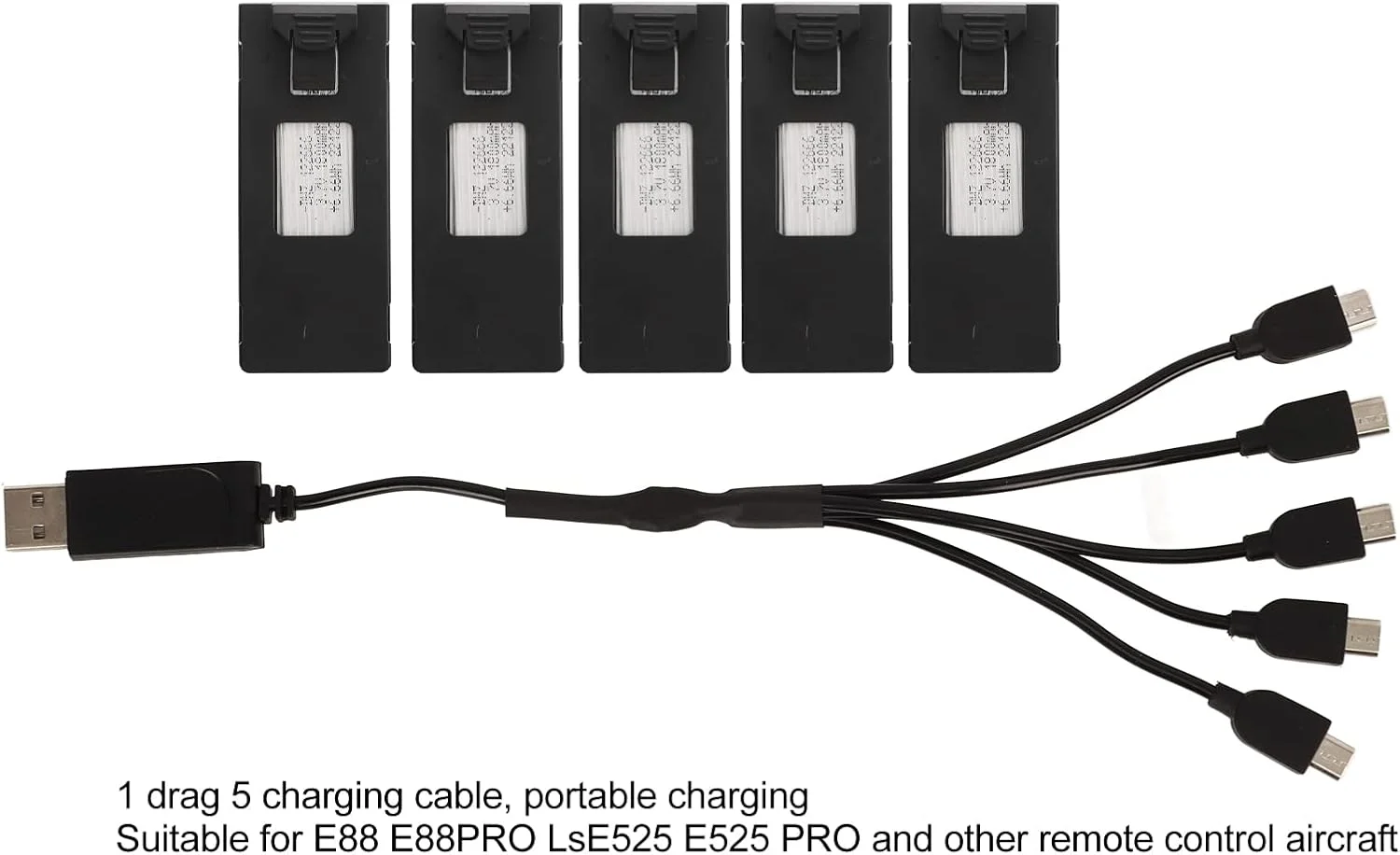 باتری لیتیومی پهپاد RC تریسر، 5 عدد باتری لیتیومی قابل شارژ 3.7 ولت 1800 میلی آمپر ساعتی برای پهپاد RC مدل E88 E88PRO LsE525 E525 PRO، باتری پهپاد RC پایدار و قابل حمل به همراه کابل شارژ 1 به 5