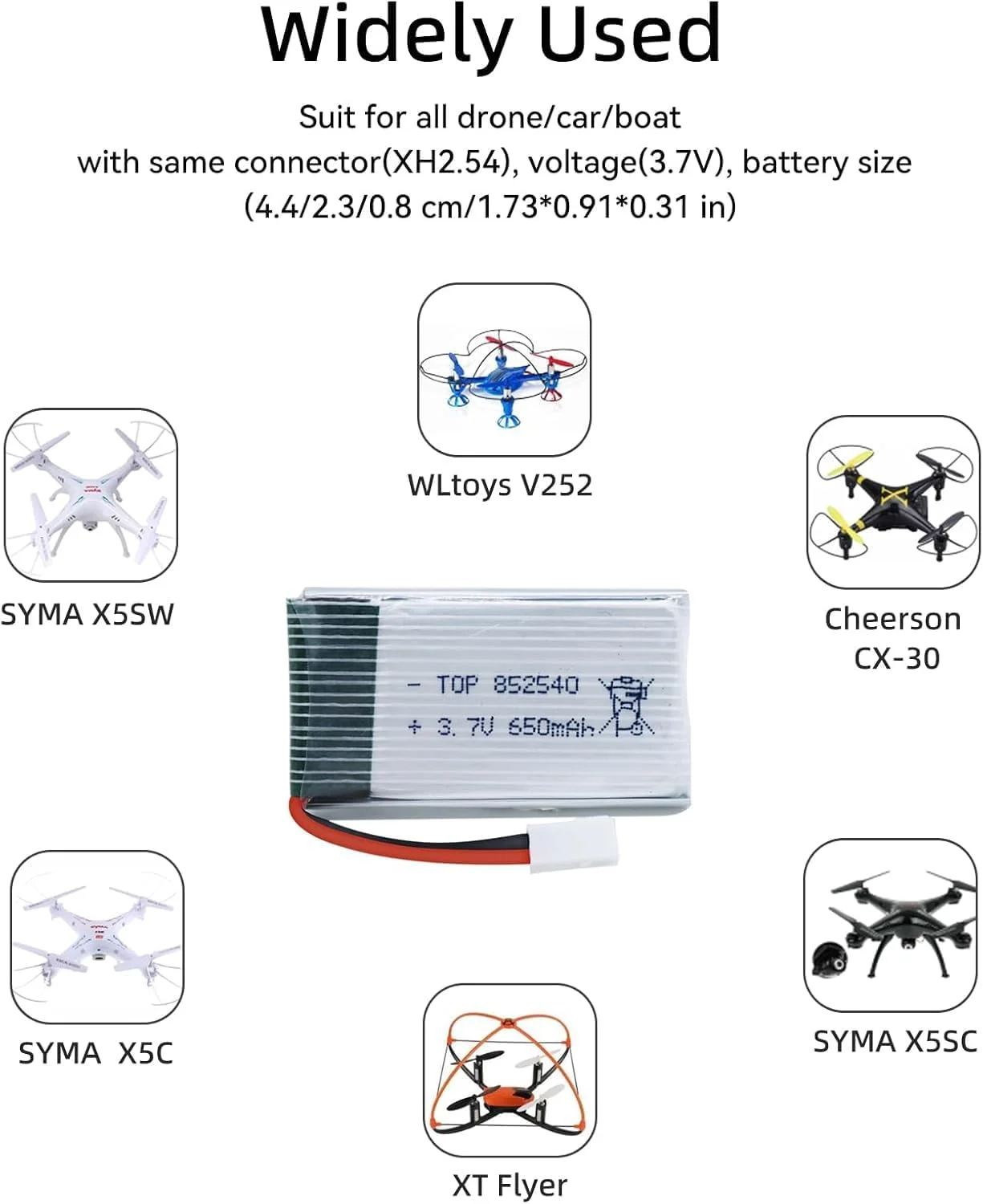 بسته 2 عددی باتری لیتیوم پلیمر 3.7 ولتی پهپاد 650 میلی آمپر ساعتی قابل شارژ برای پهپادهای کوادکوپتر سری SYMA X5 با کانکتور XH2.54 به همراه 2 شارژر مناسب برای SYMA X5C X5SW X5SC WLtoys V252 XT Flyer
