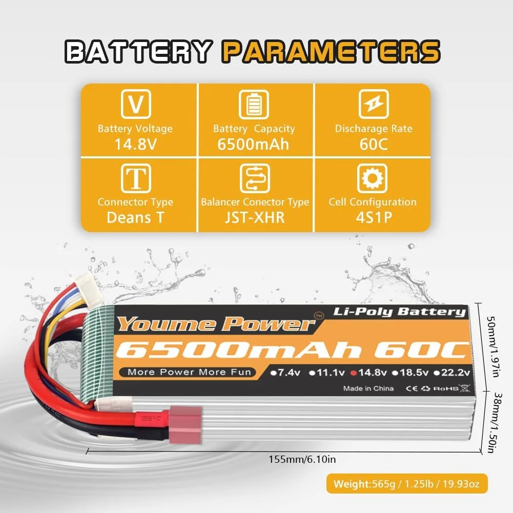 باطری لیپو 4S، 14.8V لیپو 4S 6500mAh 60C با کانکتور Deans T برای Traxxas Slash X-Maxx RC Buggy Truggy Crawler Monster Car، هلیکوپتر، هواپیما (2 عدد)