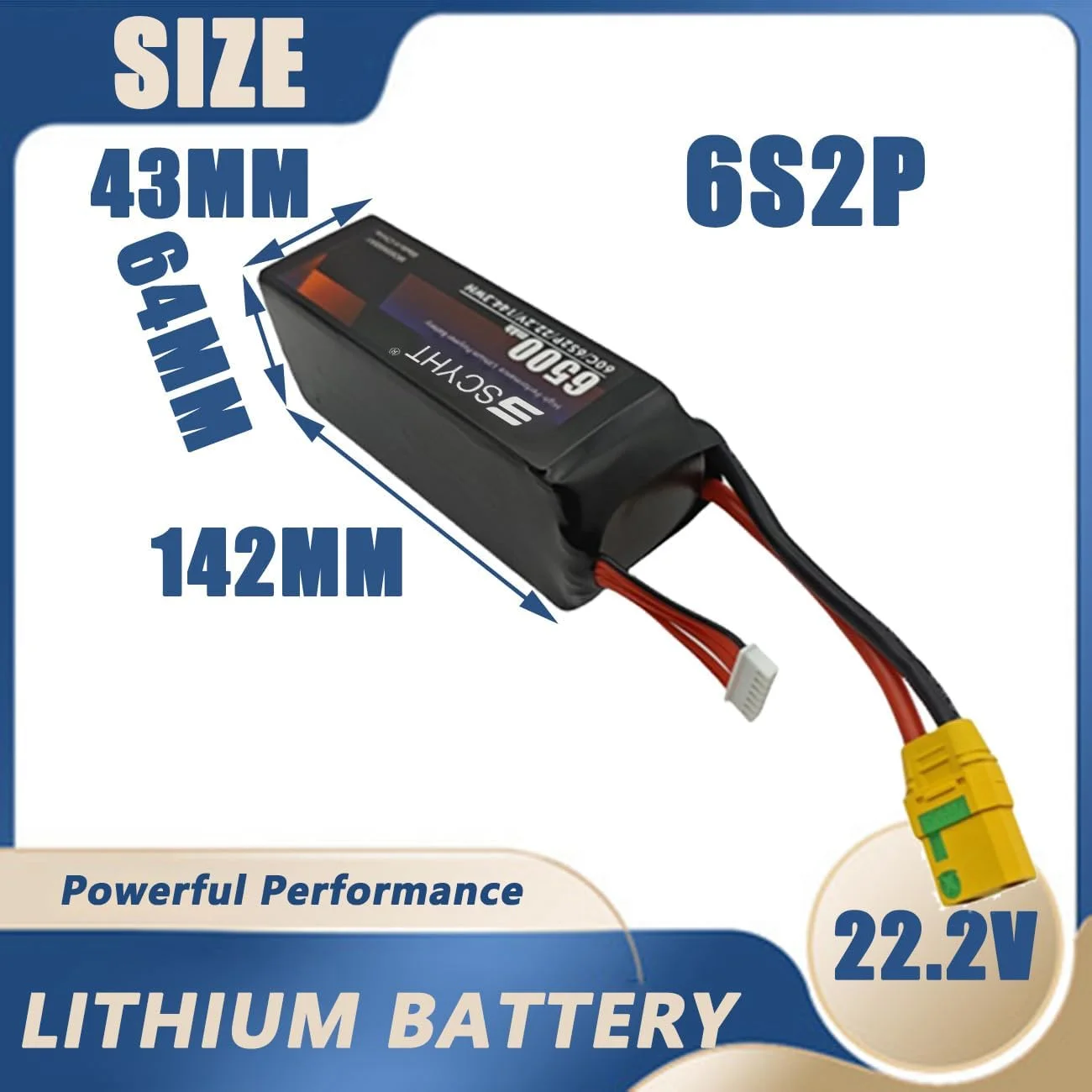 باطری لیتیومی 6S با ظرفیت 6500mAh، باطری جایگزین 22.2 ولت، باطری 6S برای پهپاد با سیستم مدیریت باطری (BMS) مناسب برای موتورهای 50W - 150W، مناسب برای هواپیمای مدل، 2 عدد باطری 22.2v 6500mah