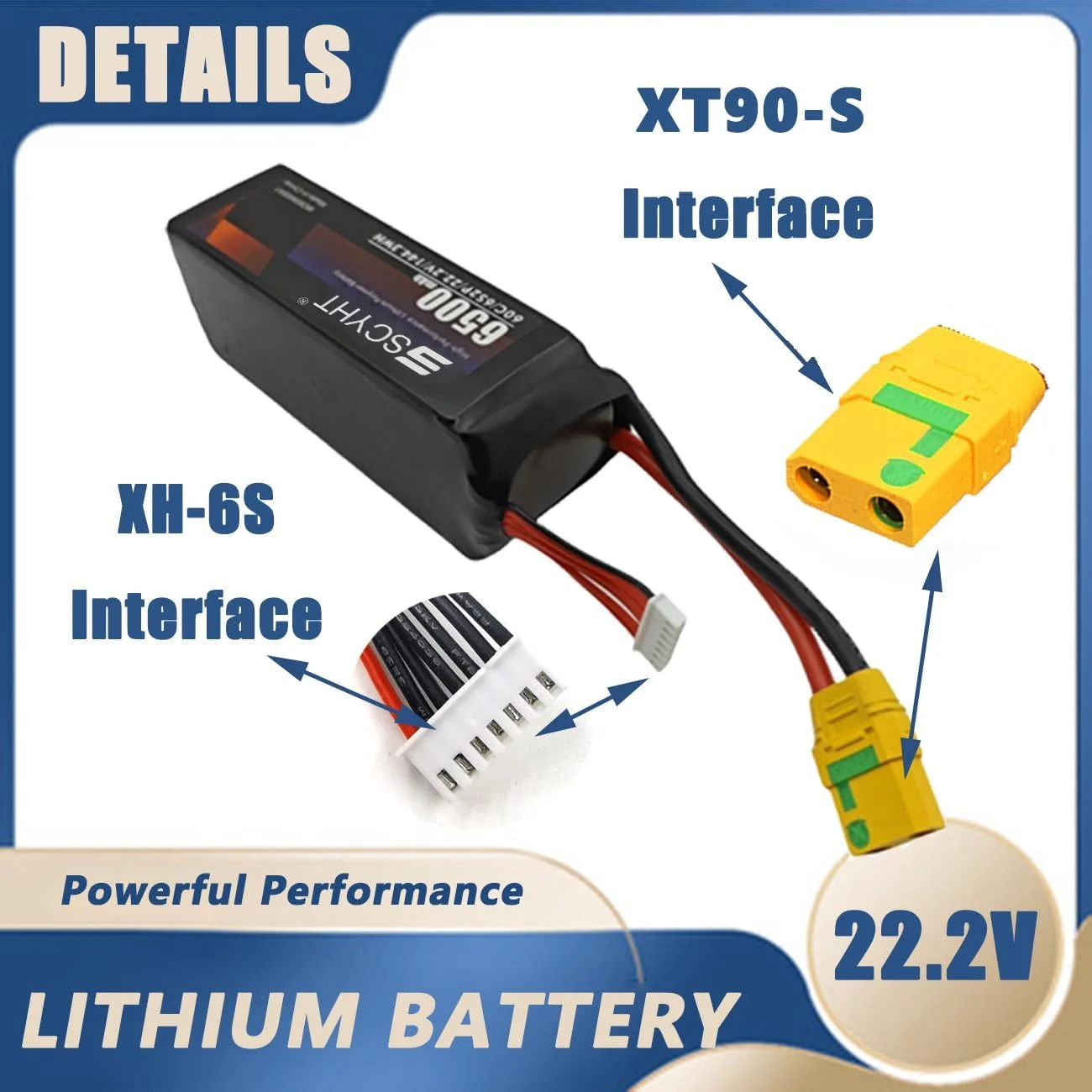 باطری لیتیومی 6S با ظرفیت 6500mAh، باطری جایگزین 22.2 ولت، باطری 6S برای پهپاد با سیستم مدیریت باطری (BMS) مناسب برای موتورهای 50W - 150W، مناسب برای هواپیمای مدل، 2 عدد باطری 22.2v 6500mah