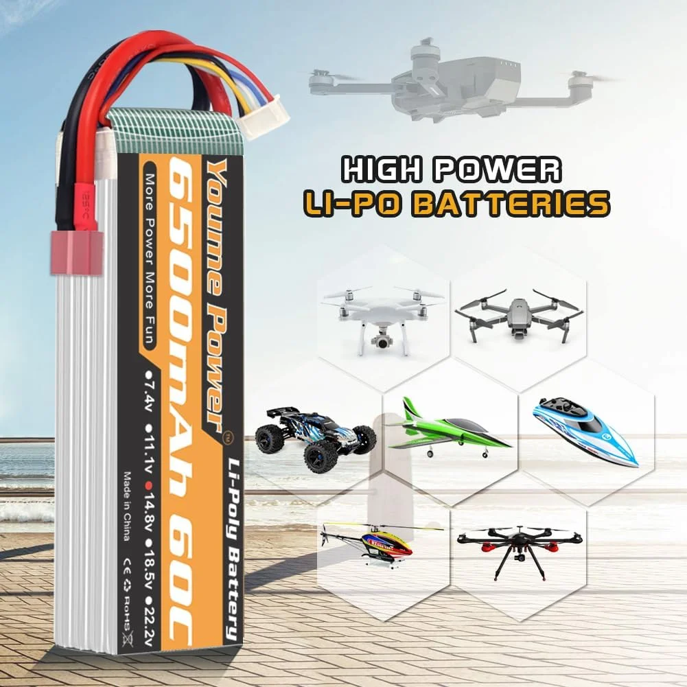 باطری لیپو 4S، 14.8V لیپو 4S 6500mAh 60C با کانکتور Deans T برای Traxxas Slash X-Maxx RC Buggy Truggy Crawler Monster Car، هلیکوپتر، هواپیما (2 عدد)