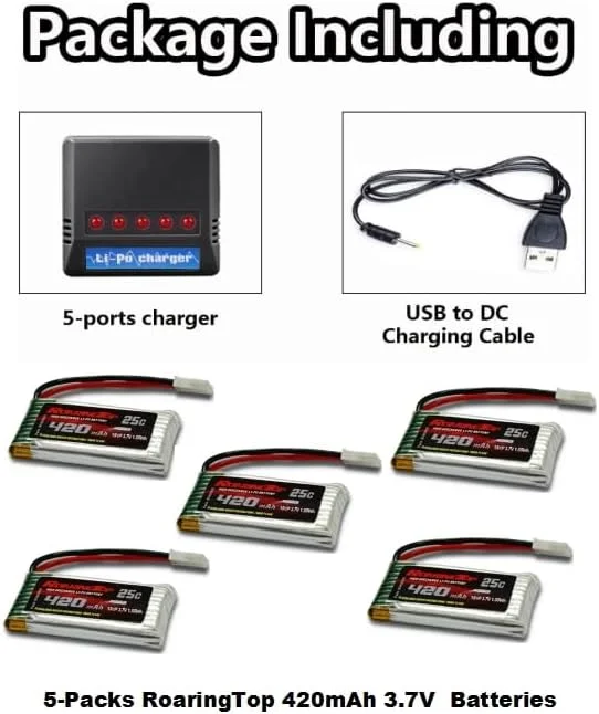 باتری لیتیوم پلیمری RoaringTop 1S 420mah 3.7V 25C با MOLEX به همراه شارژر 5 در 1 برای کوادکوپتر، هلیکوپتر، پهپاد، کوادکوپتر FPV، قایق های کوسه RC و دایناسور کوسه برقی RC