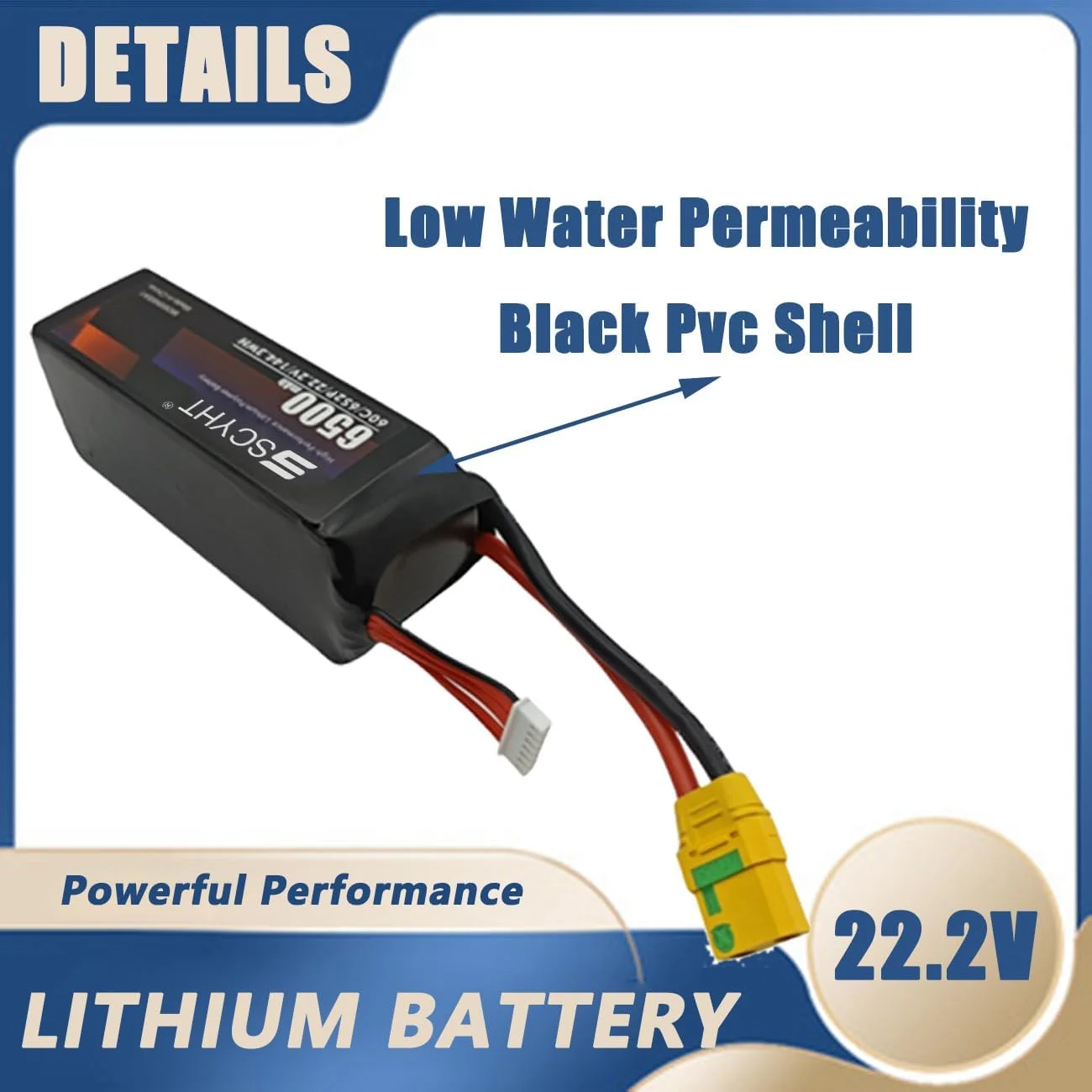 باطری لیتیومی 6S با ظرفیت 6500mAh، باطری جایگزین 22.2 ولت، باطری 6S برای پهپاد با سیستم مدیریت باطری (BMS) مناسب برای موتورهای 50W - 150W، مناسب برای هواپیمای مدل، 2 عدد باطری 22.2v 6500mah