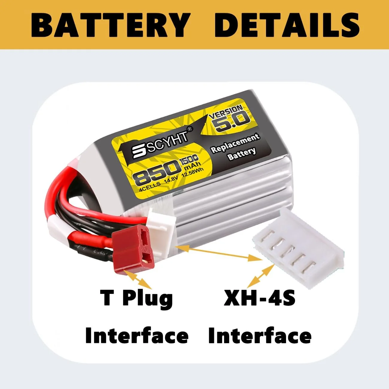 باتری لیتیومی 4S 14.8V با ظرفیت 850mAh و 1300mAh برای موتورهای حداکثر 19.24W با پورت XH-4S و BMS، پک دوتایی 14.8v 850mah با کانکتور T
