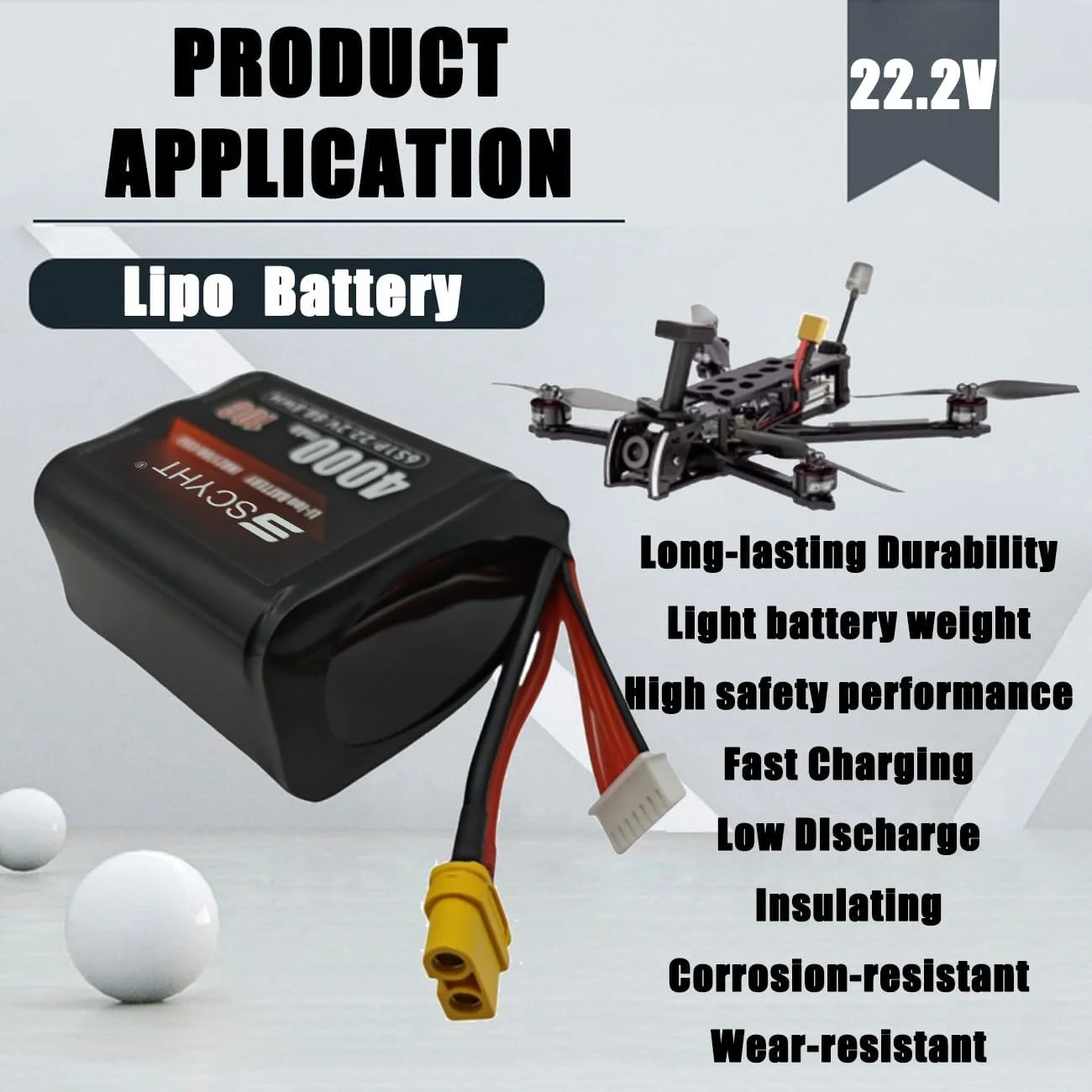 باتری لیتیومی 6S با ولتاژ 22.2 ولت و ظرفیت 5000 میلی آمپر ساعت / 4000 میلی آمپر ساعت، مناسب برای پهپاد و هواپیمای RC با موتورهای 50 تا 110 وات به همراه سیستم مدیریت باتری (BMS)، مدل 22.2v 4000mah تک بسته باتری لیتیومی 6S با ولتاژ 22.2 ولت و ظرفیت 5000 میلی آمپر ساعت / 4000 میلی آمپر ساعت، مناسب برای پهپاد و هواپیمای RC با موتورهای 50 تا 110 وات به همراه سیستم مدیریت باتری (BMS)، مدل 22.2v 4000mah تک بسته