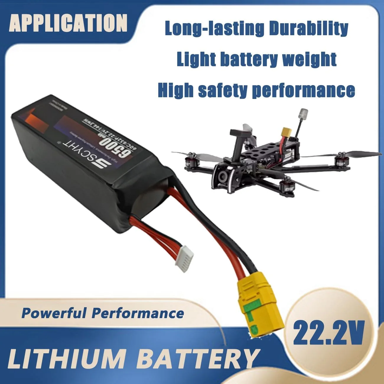 باطری لیتیومی 6S با ظرفیت 6500mAh، باطری جایگزین 22.2 ولت، باطری 6S برای پهپاد با سیستم مدیریت باطری (BMS) مناسب برای موتورهای 50W - 150W، مناسب برای هواپیمای مدل، 2 عدد باطری 22.2v 6500mah