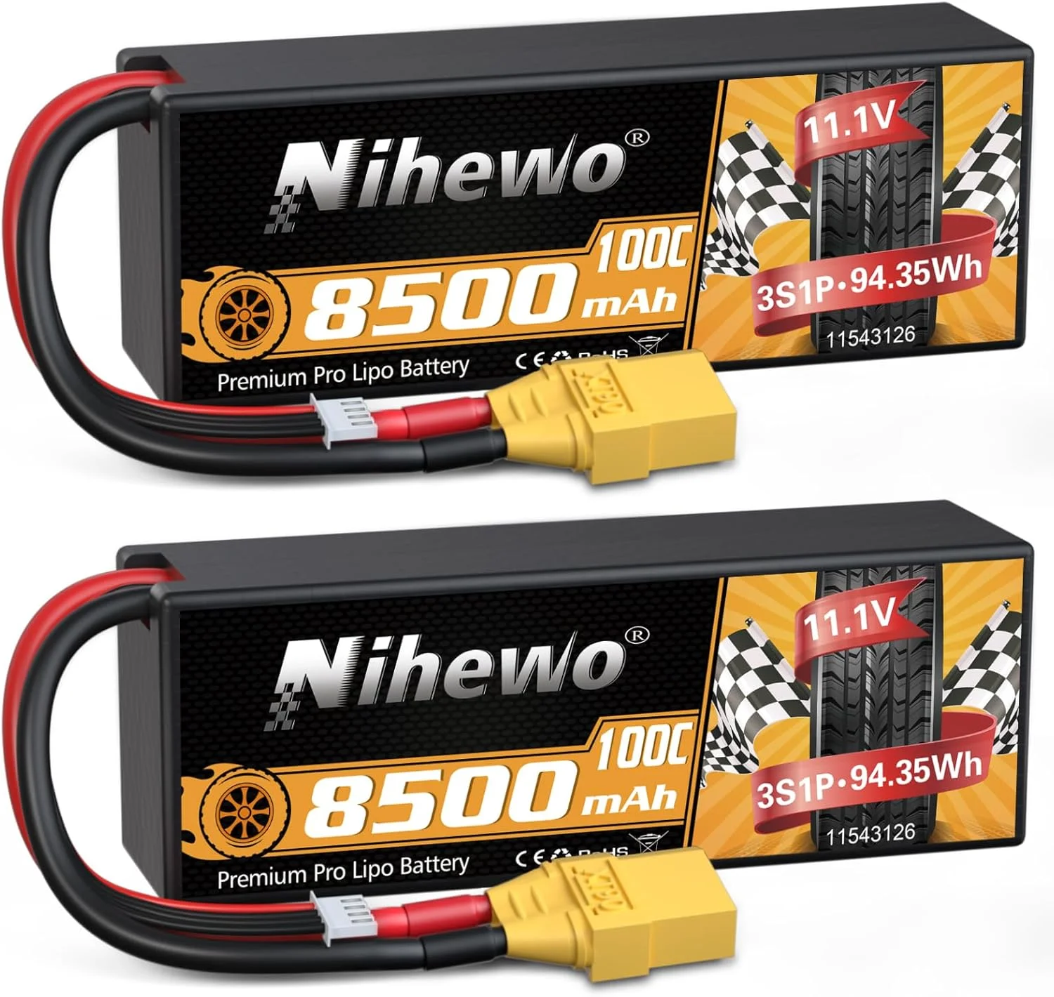 باطری لیپو 3S با ظرفیت 8500mAh و ولتاژ 11.1V، 100C، بدنه سخت با کانکتور XT90، سازگار با آرما، آکسیال 1/8 و 1/10، مناسب ماشین، کامیون، باگی، پهپاد، قایق و مدل‌های RC (دو عدد)