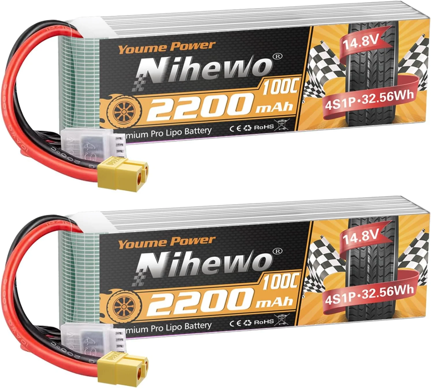 باطری لیتیوم پلیمری 4 سل 14.8 ولت 2200 میلی آمپر ساعت با بدنه نرم 100C و کانکتور XT60 مناسب برای FPV Drone، کوادکوپتر RC، هلیکوپتر، هواپیما، ماشین، کامیون و قایق مدل RC (بسته 2 عددی)