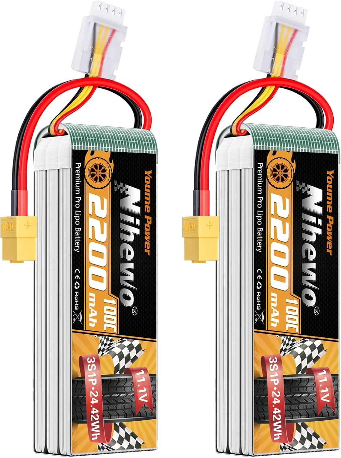 بسته باتری لیپو 3S 11.1V 2200mAh RC با کانکتور XT60 سازگار با ماشین های کنترلی، کامیون ها، قایق ها، هواپیماها، هلیکوپترها، پهپادها، مدل های مسابقه ای FPV (بسته 2 عددی)