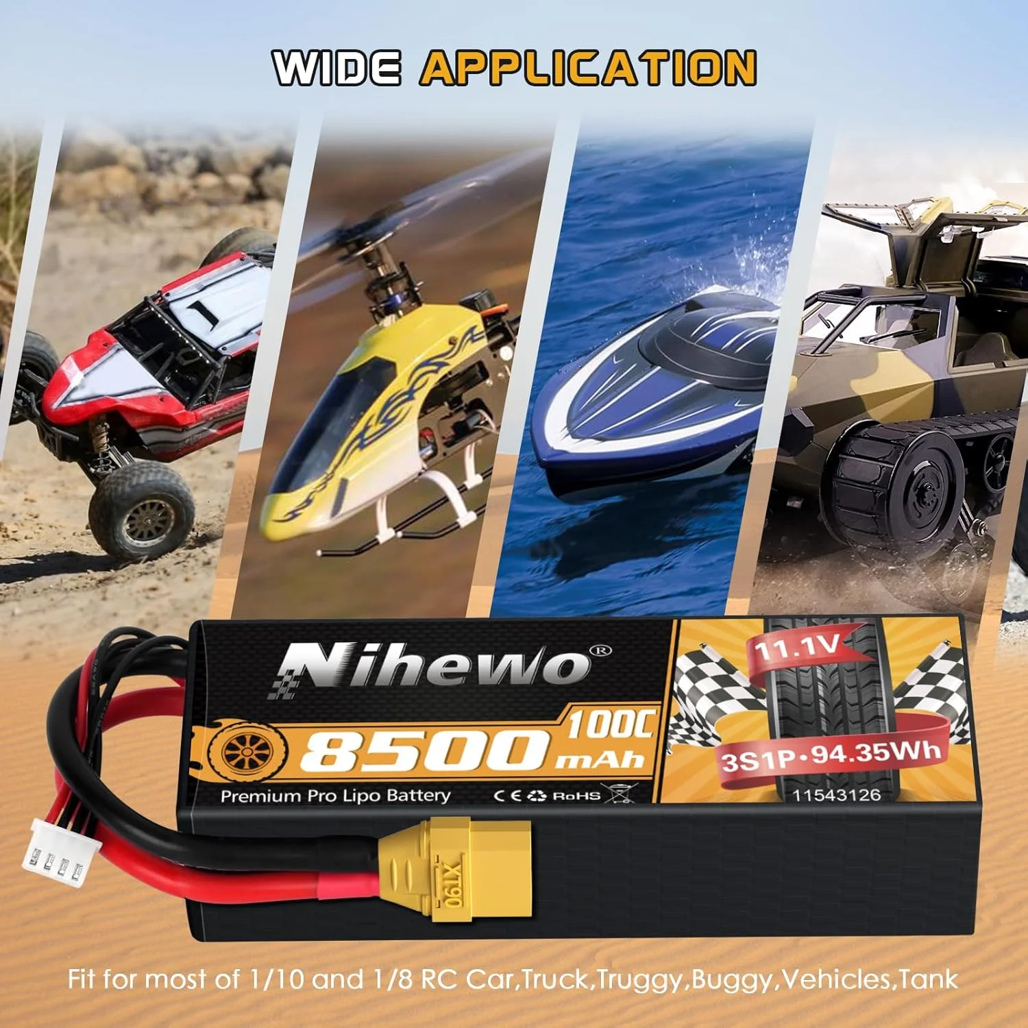 باطری لیپو 3S با ظرفیت 8500mAh و ولتاژ 11.1V، 100C، بدنه سخت با کانکتور XT90، سازگار با آرما، آکسیال 1/8 و 1/10، مناسب ماشین، کامیون، باگی، پهپاد، قایق و مدلهای RC (دو عدد) باطری لیپو 3S با ظرفیت 8500mAh و ولتاژ 11.1V، 100C، بدنه سخت با کانکتور XT90، سازگار با آرما، آکسیال 1/8 و 1/10، مناسب ماشین، کامیون، باگی، پهپاد، قایق و مدلهای RC (دو عدد)