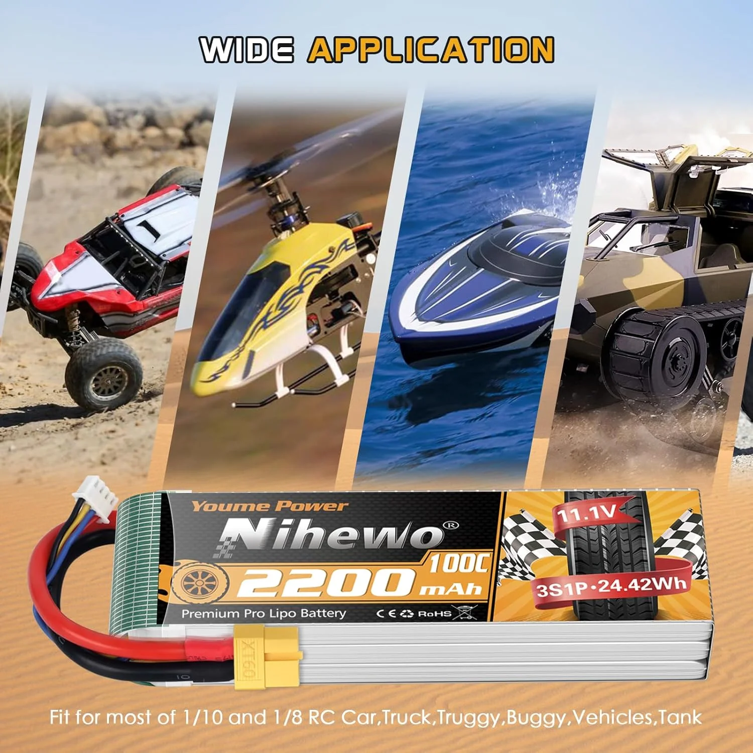 بسته باتری لیپو 3S 11.1V 2200mAh RC با کانکتور XT60 سازگار با ماشین های کنترلی، کامیون ها، قایق ها، هواپیماها، هلیکوپترها، پهپادها، مدل های مسابقه ای FPV (بسته 2 عددی)