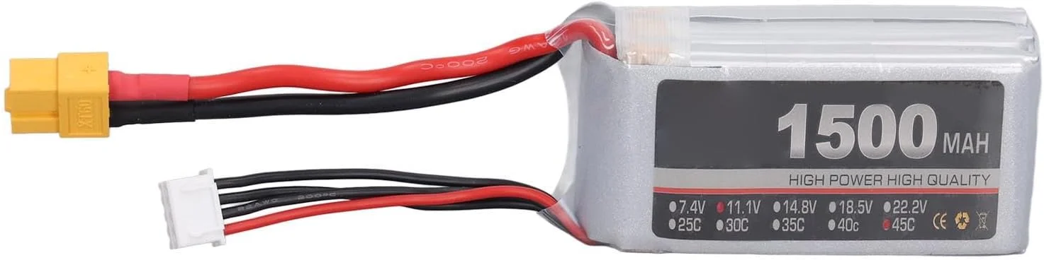 باتری لیتیوم پلیمری 11.1 ولت 45C 1500 میلی آمپر ساعت 3 سل برای کوادکوپتر مسابقه ای FPV، هلیکوپتر، هواپیما، قایق کنترلی (XT60)