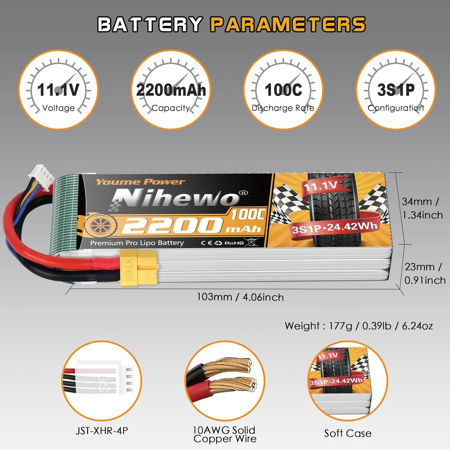 بسته باتری لیپو 3S 11.1V 2200mAh RC با کانکتور XT60 سازگار با ماشین های کنترلی، کامیون ها، قایق ها، هواپیماها، هلیکوپترها، پهپادها، مدل های مسابقه ای FPV (بسته 2 عددی)