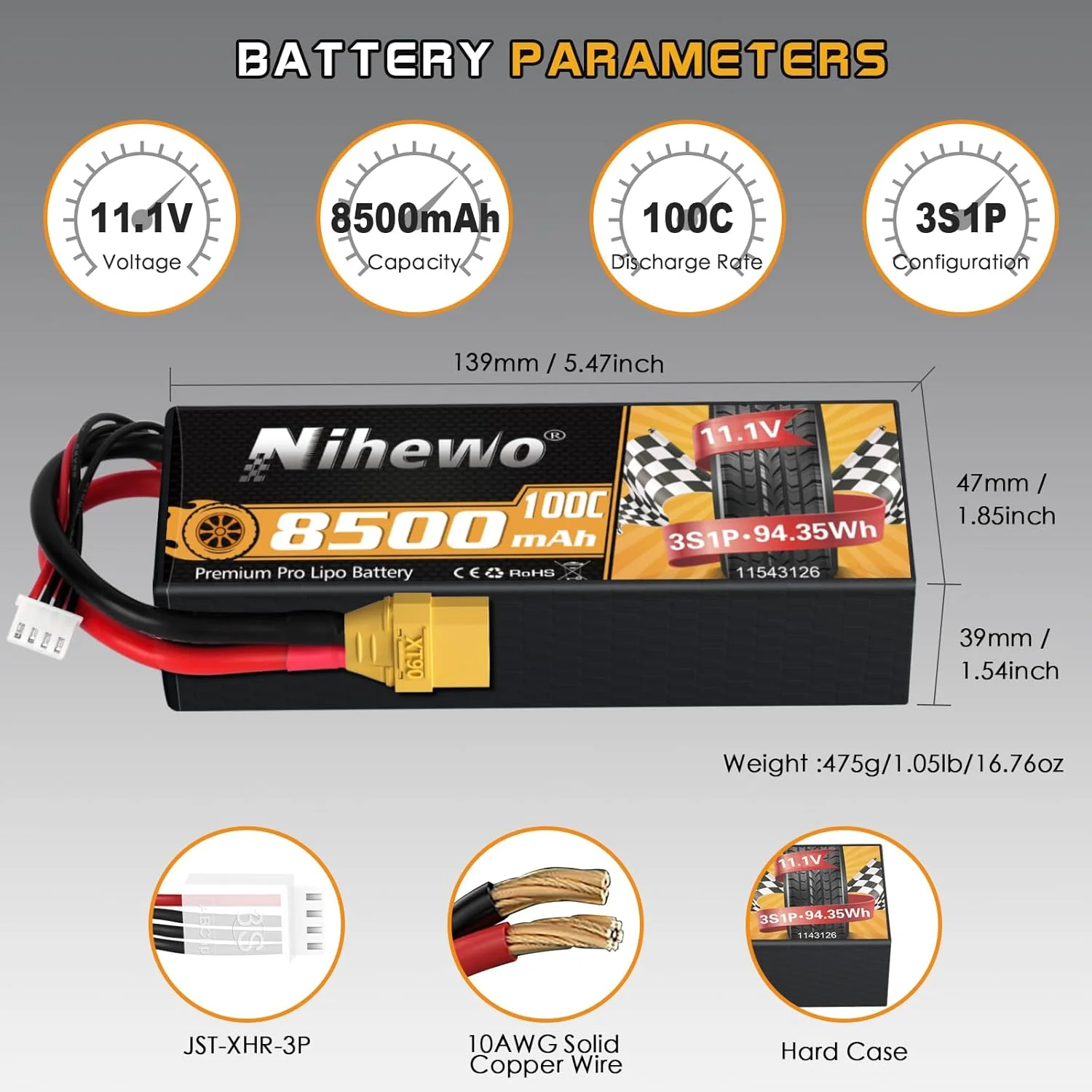 باطری لیپو 3S با ظرفیت 8500mAh و ولتاژ 11.1V، 100C، بدنه سخت با کانکتور XT90، سازگار با آرما، آکسیال 1/8 و 1/10، مناسب ماشین، کامیون، باگی، پهپاد، قایق و مدلهای RC (دو عدد) باطری لیپو 3S با ظرفیت 8500mAh و ولتاژ 11.1V، 100C، بدنه سخت با کانکتور XT90، سازگار با آرما، آکسیال 1/8 و 1/10، مناسب ماشین، کامیون، باگی، پهپاد، قایق و مدلهای RC (دو عدد)