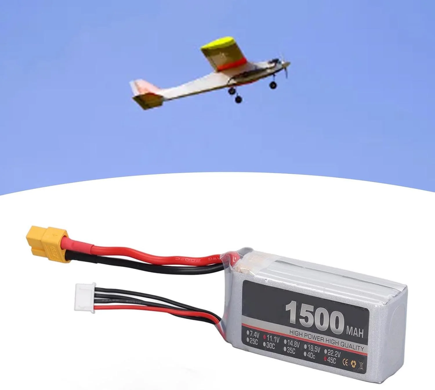 باتری لیتیوم پلیمری 11.1 ولت 45C 1500 میلی آمپر ساعت 3 سل برای کوادکوپتر مسابقه ای FPV، هلیکوپتر، هواپیما، قایق کنترلی (XT60)