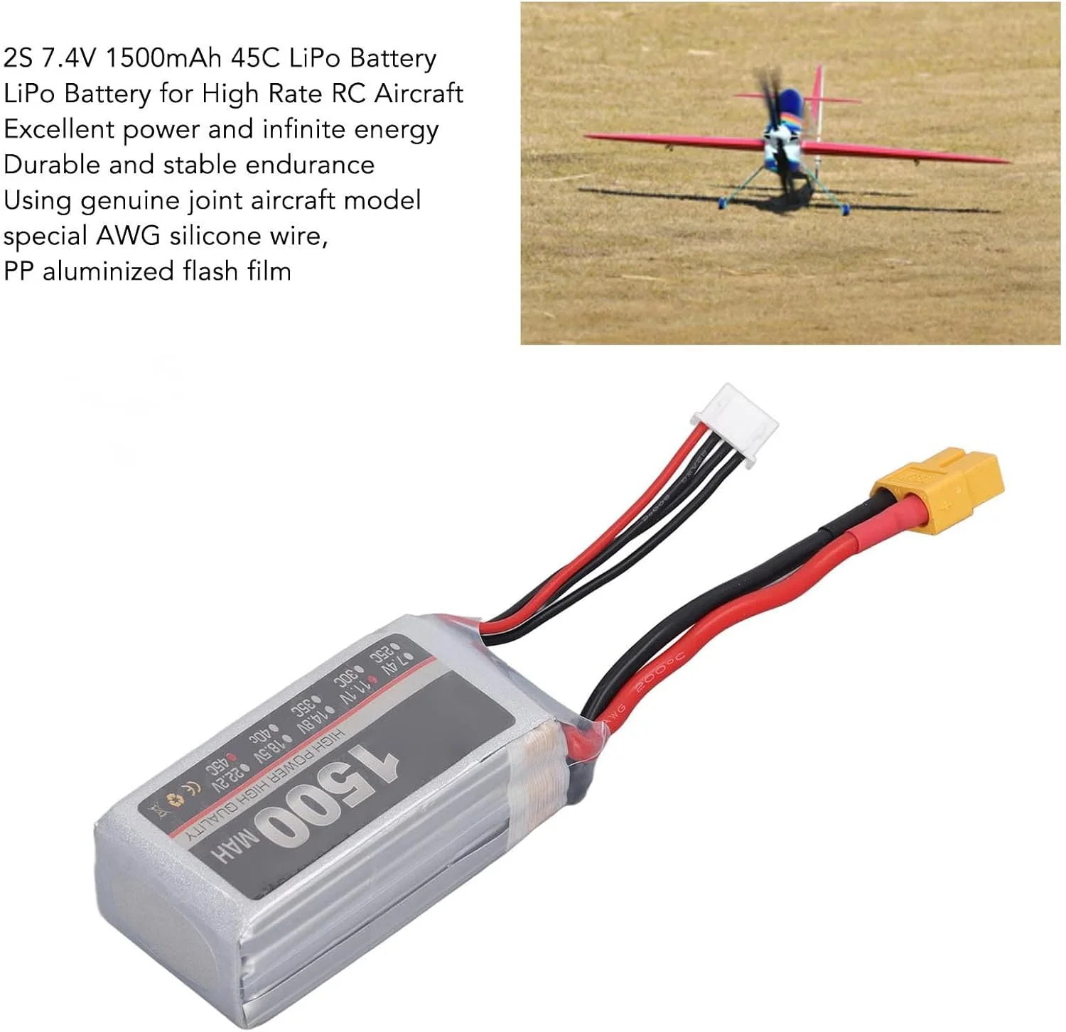 باتری لیتیوم پلیمری 11.1 ولت 45C 1500 میلی آمپر ساعت 3 سل برای کوادکوپتر مسابقه ای FPV، هلیکوپتر، هواپیما، قایق کنترلی (XT60)