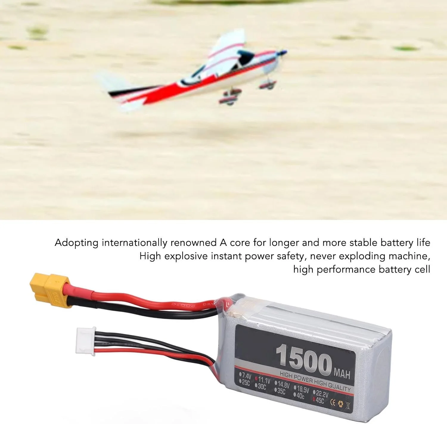 باتری لیتیوم پلیمری 11.1 ولت 45C 1500 میلی آمپر ساعت 3 سل برای کوادکوپتر مسابقه ای FPV، هلیکوپتر، هواپیما، قایق کنترلی (XT60)