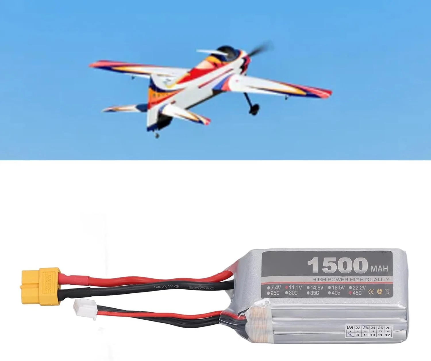 باتری لیتیوم پلیمری 11.1 ولت 45C 1500 میلی آمپر ساعت 3 سل برای کوادکوپتر مسابقه ای FPV، هلیکوپتر، هواپیما، قایق کنترلی (XT60)