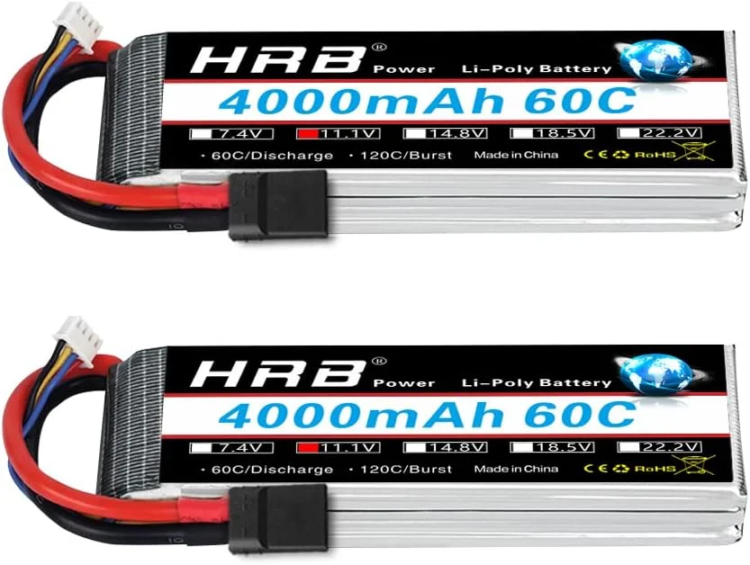 بسته 2 عددی باتری لیپو 3 سل 11.1 ولت 4000 میلی آمپر ساعت 60C HRB با کانکتور TR برای هلیکوپتر، هواپیما، ماشین، قایق و کامیون آرسی