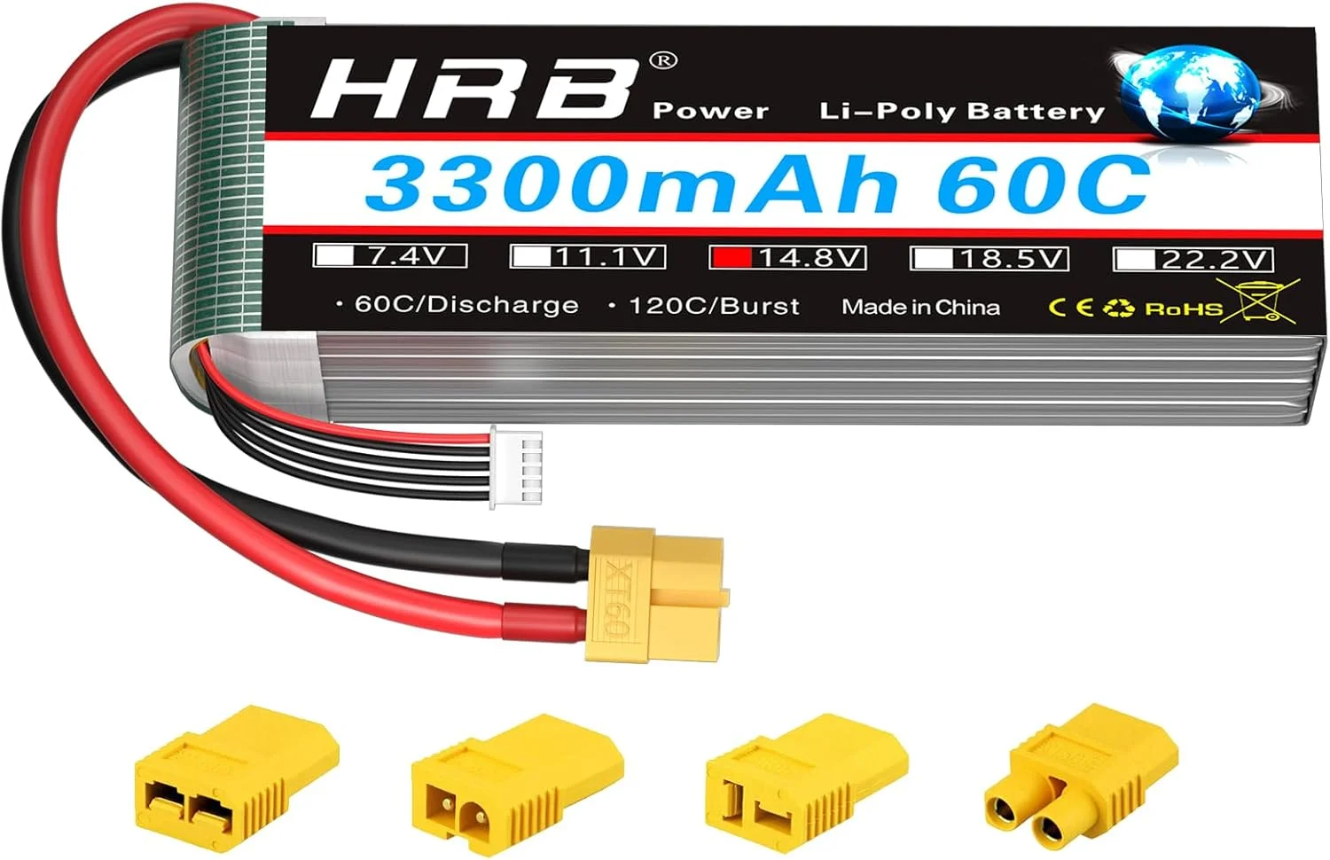 باطری لیپو HRB POWER 4s با ظرفیت 3300mAh و ولتاژ 14.8v، گرید A+، با نرخ تخلیه 60C و کانکتور XT60 مناسب برای هواپیماهای کنترلی، هلیکوپتر کنترلی، ماشین/کامیون کنترلی و قایق کنترلی (EC3/Deans/Traxxas/Tamiya)