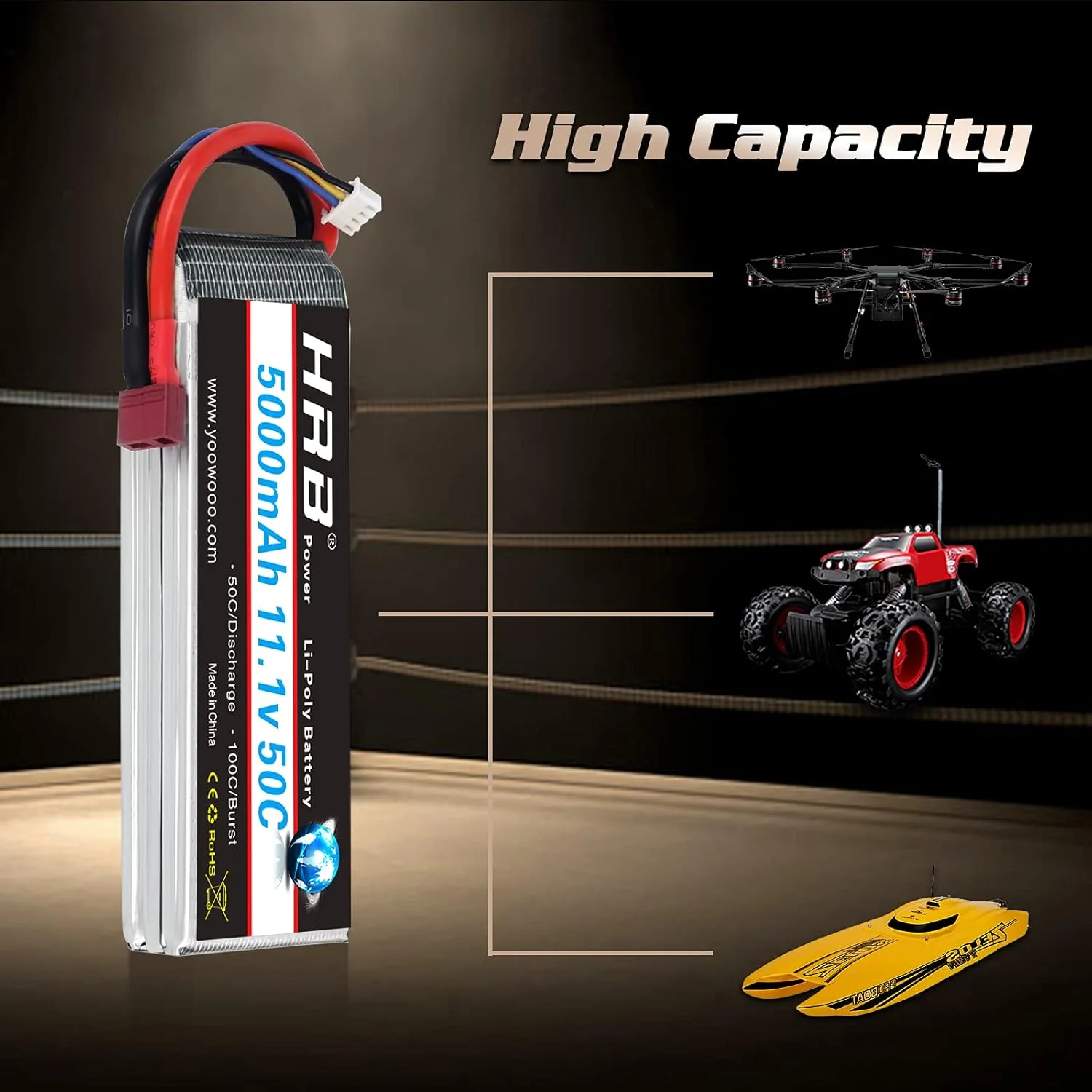 باطری لیتیوم پلیمر 3S HRB، 11.1 ولت، 5000 میلی آمپر ساعت، 50C به همراه کانکتور Dean T سازگار با کوادکوپتر، هلیکوپتر، هواپیما، قایق، ماشین و سرگرمی های آرسی