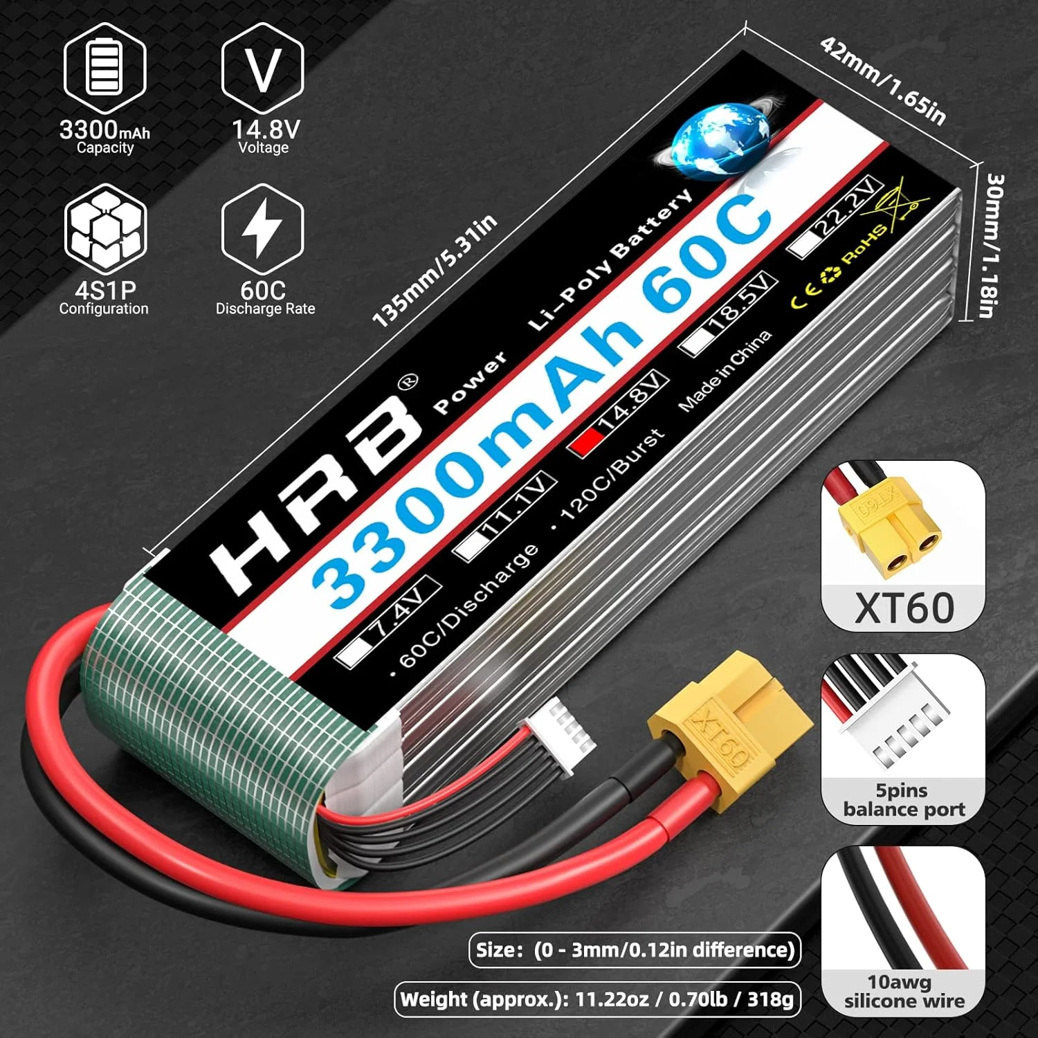باطری لیپو HRB POWER 4s با ظرفیت 3300mAh و ولتاژ 14.8v، گرید A+، با نرخ تخلیه 60C و کانکتور XT60 مناسب برای هواپیماهای کنترلی، هلیکوپتر کنترلی، ماشین/کامیون کنترلی و قایق کنترلی (EC3/Deans/Traxxas/Tamiya)