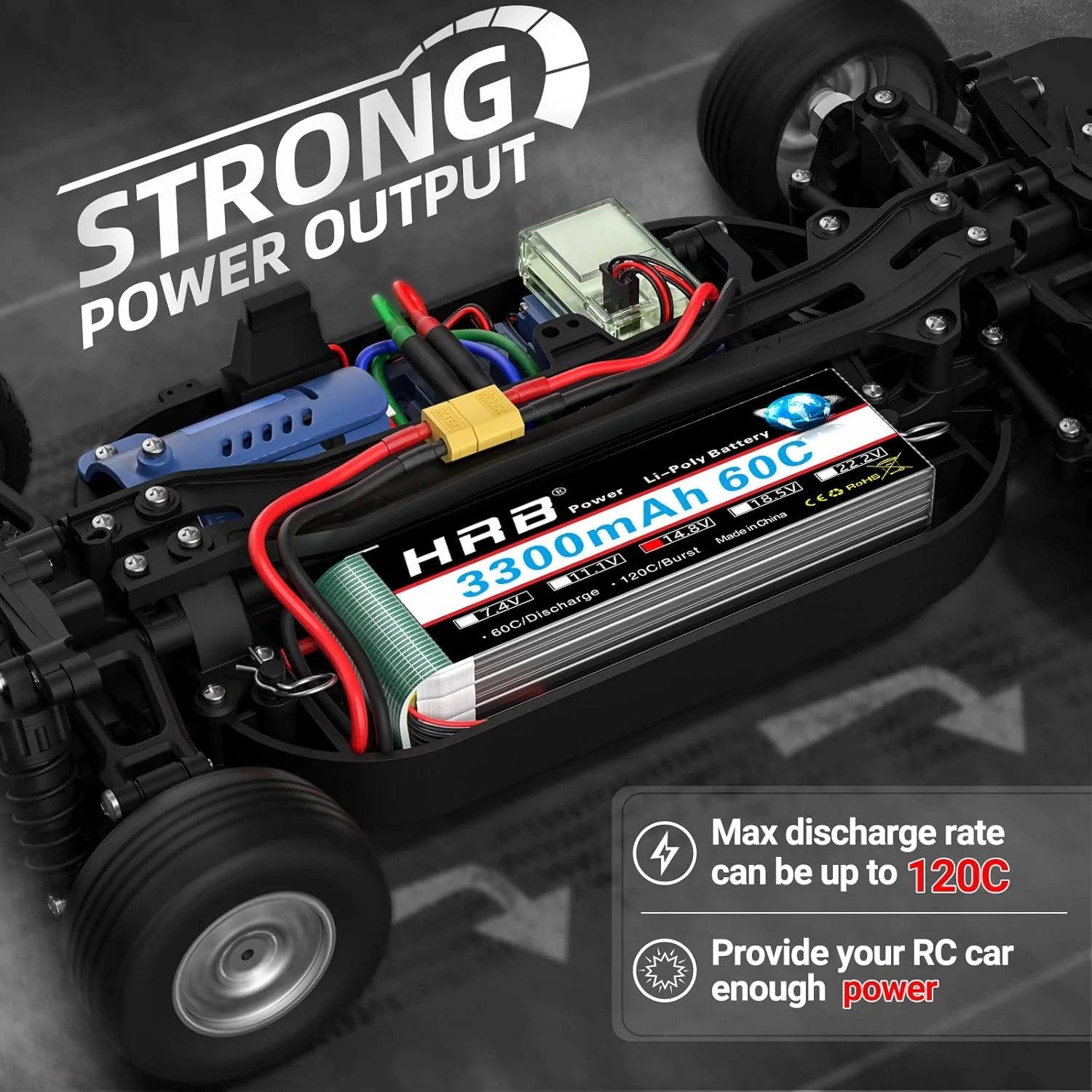 باطری لیپو HRB POWER 4s با ظرفیت 3300mAh و ولتاژ 14.8v، گرید A+، با نرخ تخلیه 60C و کانکتور XT60 مناسب برای هواپیماهای کنترلی، هلیکوپتر کنترلی، ماشین/کامیون کنترلی و قایق کنترلی (EC3/Deans/Traxxas/Tamiya)