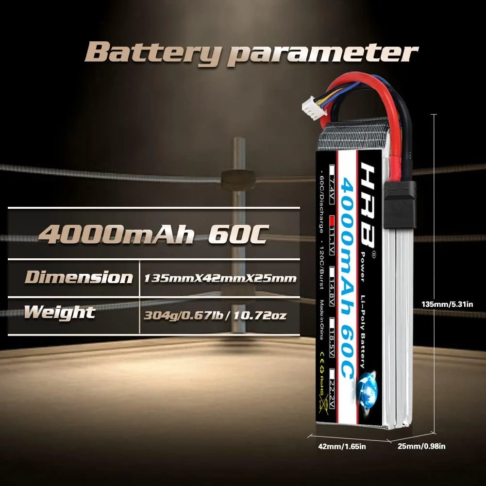 بسته 2 عددی باتری لیپو 3 سل 11.1 ولت 4000 میلی آمپر ساعت 60C HRB با کانکتور TR برای هلیکوپتر، هواپیما، ماشین، قایق و کامیون آرسی