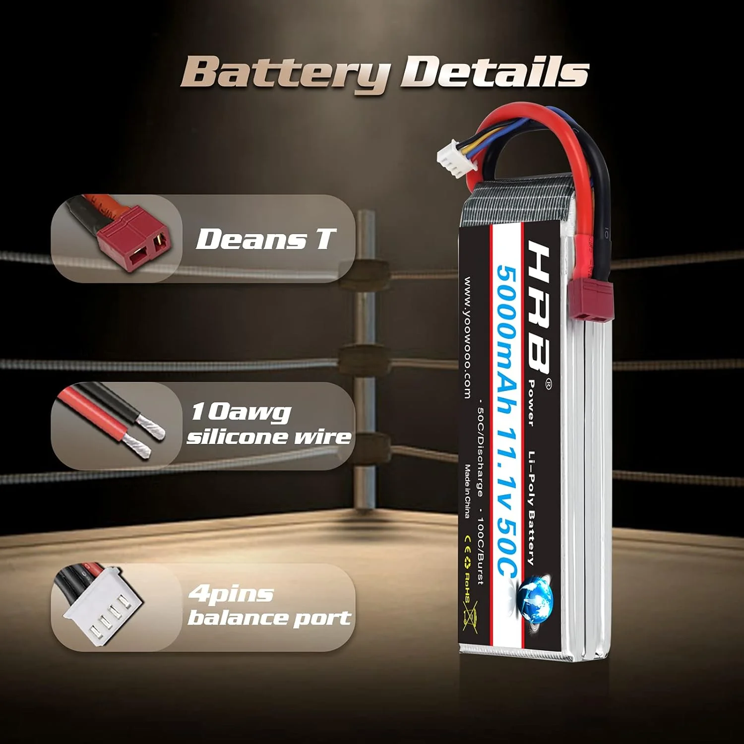 باطری لیتیوم پلیمر 3S HRB، 11.1 ولت، 5000 میلی آمپر ساعت، 50C به همراه کانکتور Dean T سازگار با کوادکوپتر، هلیکوپتر، هواپیما، قایق، ماشین و سرگرمی های آرسی
